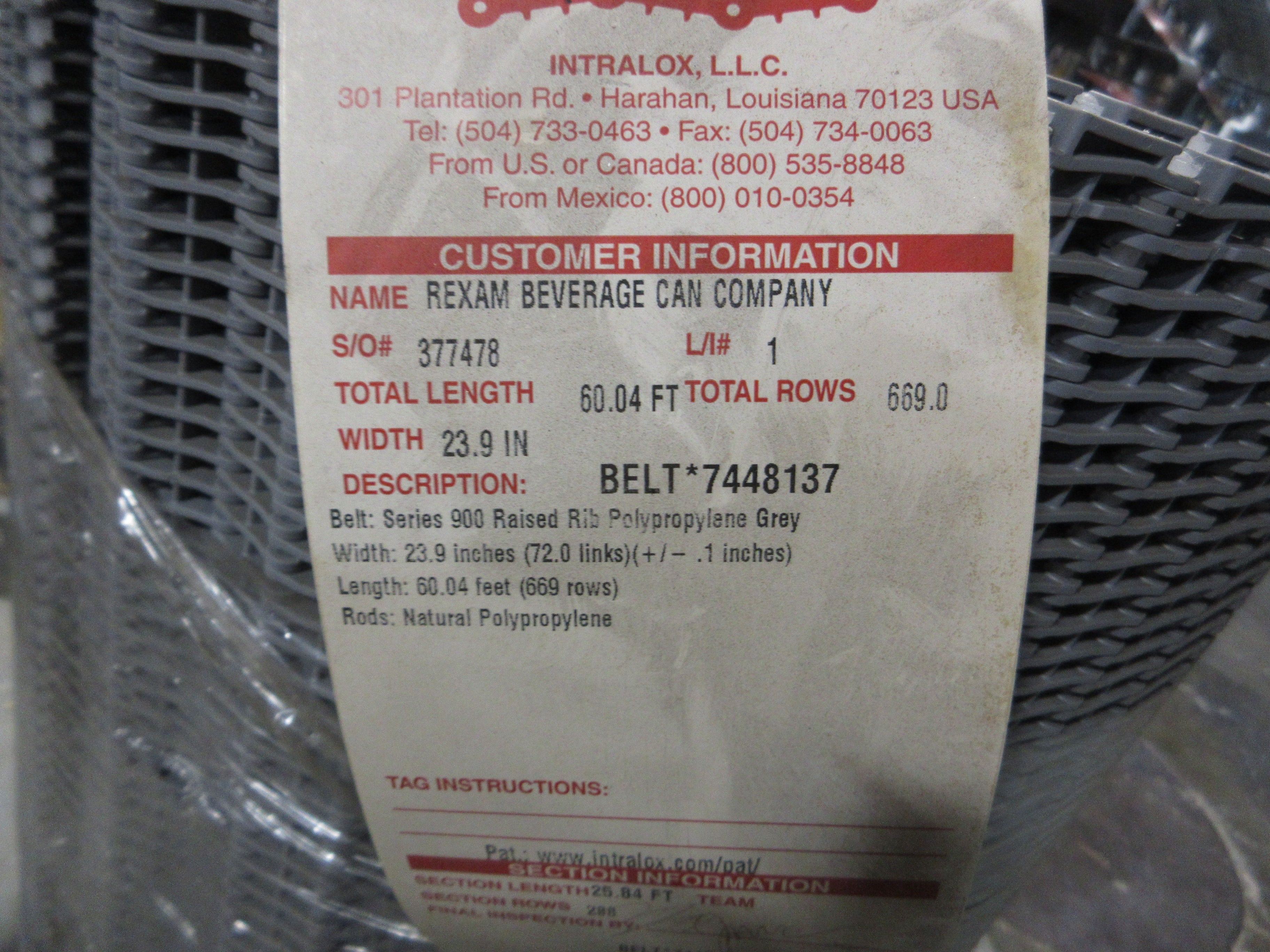 Intralox Series 900 Raised Rib Belt 7448137 Length: 25.84 FT Width: 23.9 In