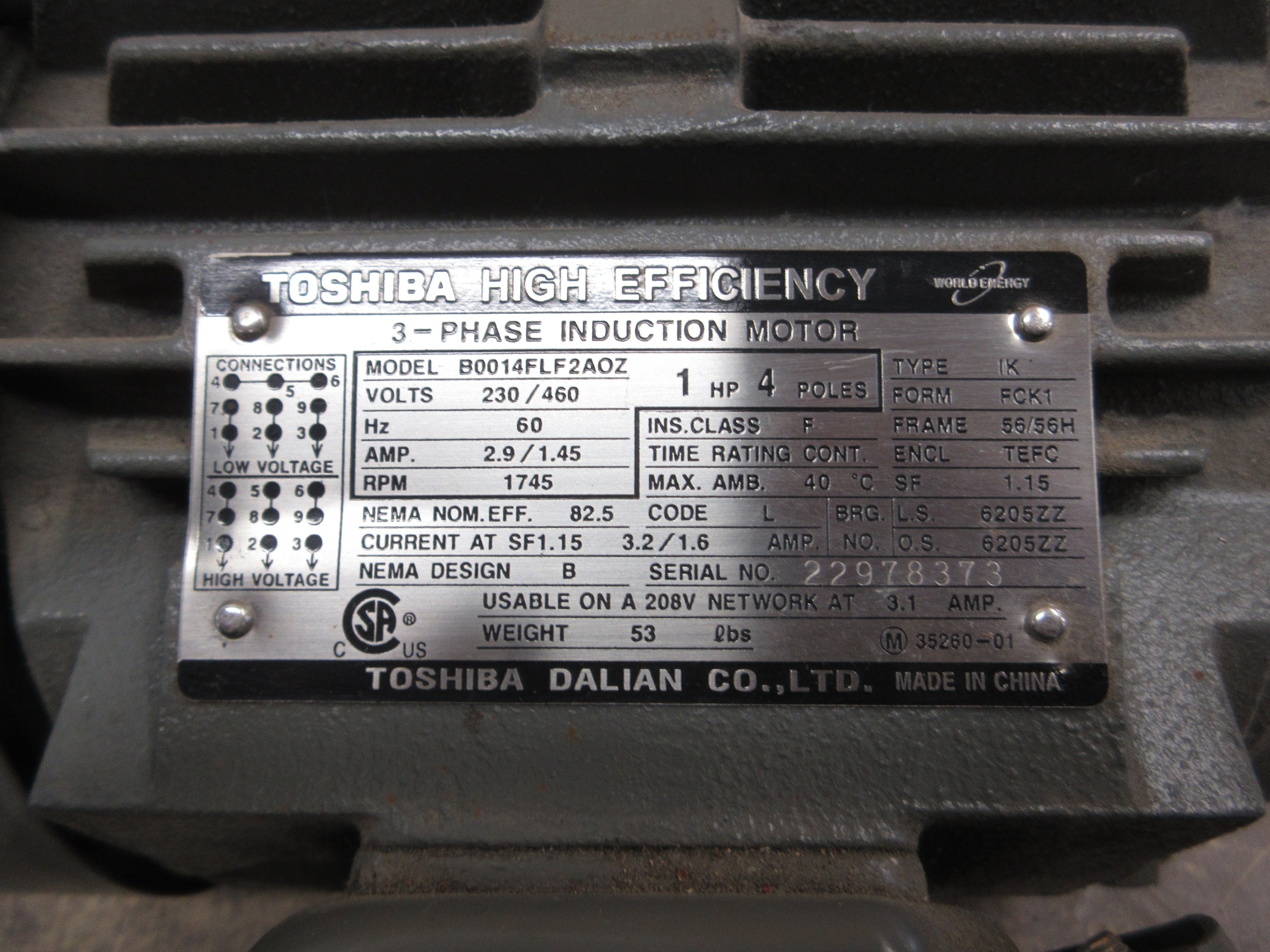 Toshiba Induction Motor B0014FLF2AOZ 1HP 1800RPM 230/460V 60Hz 2.9/1.45A 4P Used