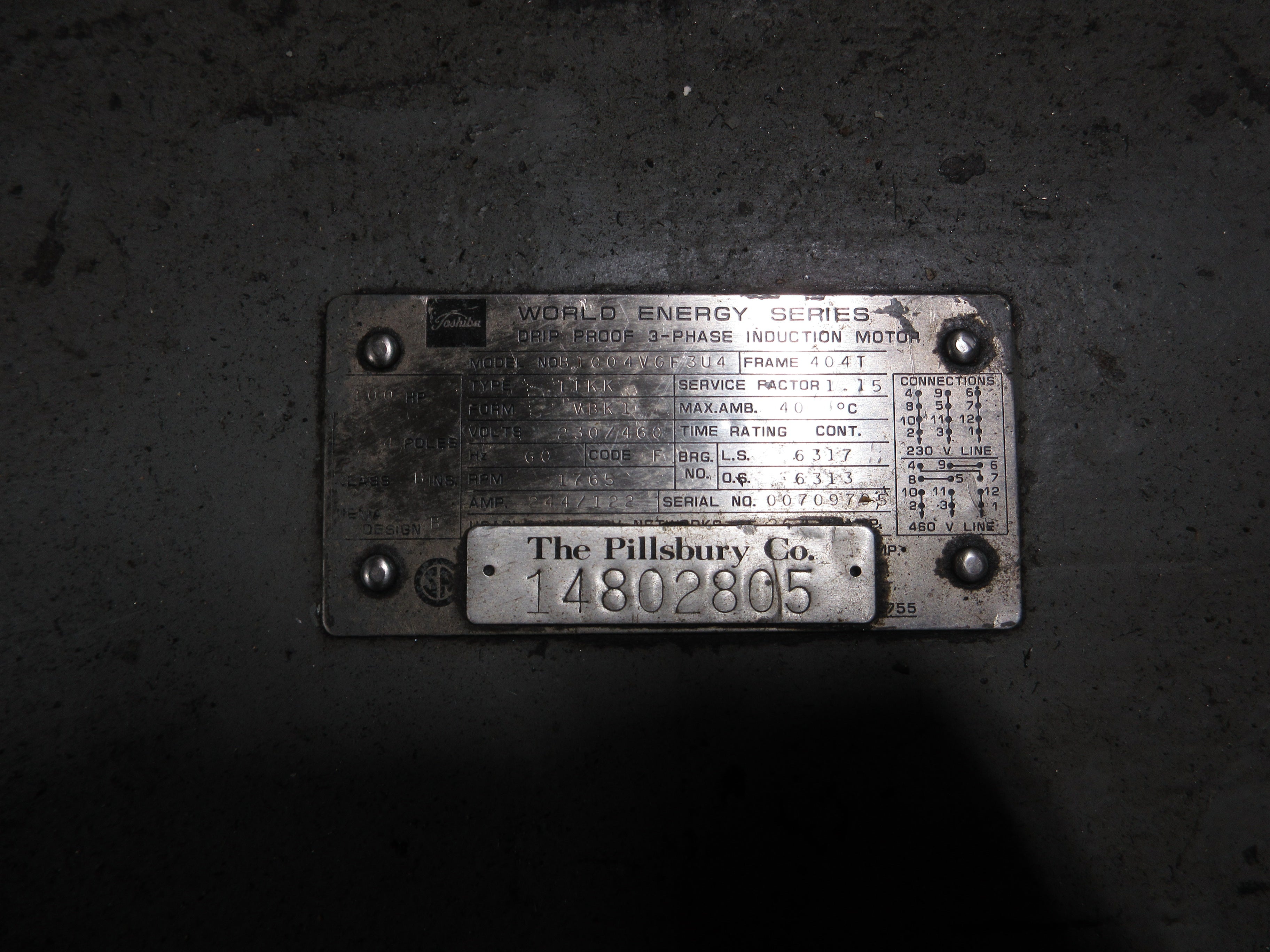 Toshiba Induction Motor B1004VGF3U4 100HP 1800RPM 230/460V 244/122A 60Hz 4P Used