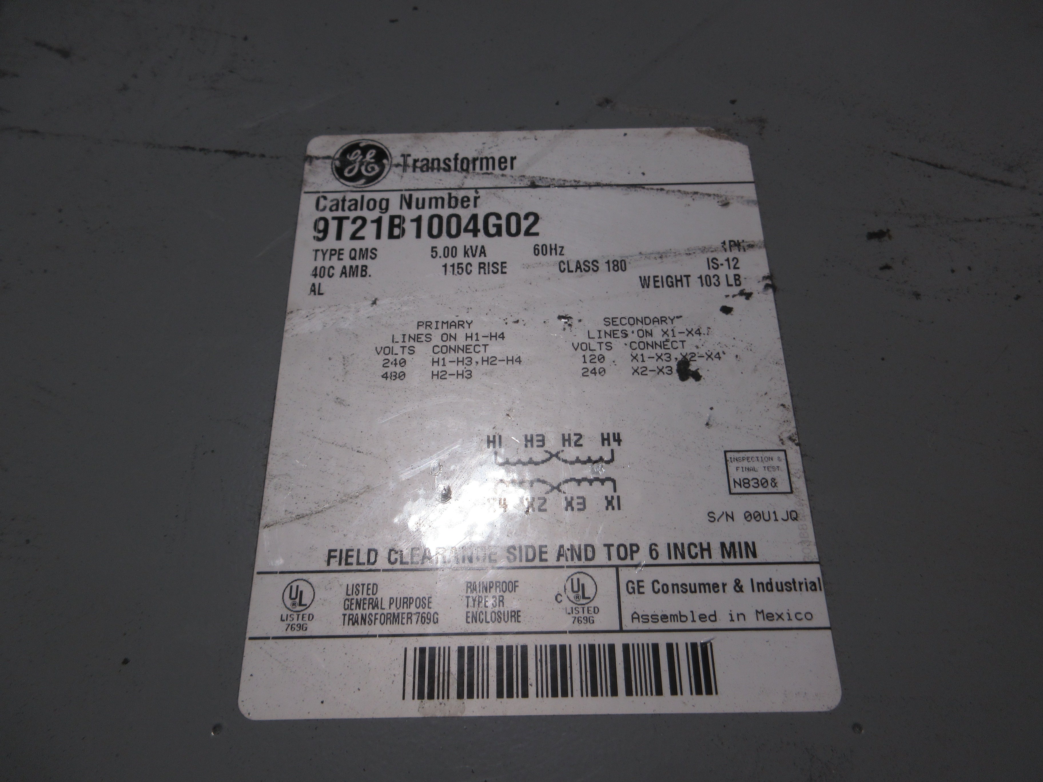 GE Type QMS 3R Transformer 9T21B1004G02 5kVA Pri: 240/480V Sec: 120/240V 60Hz