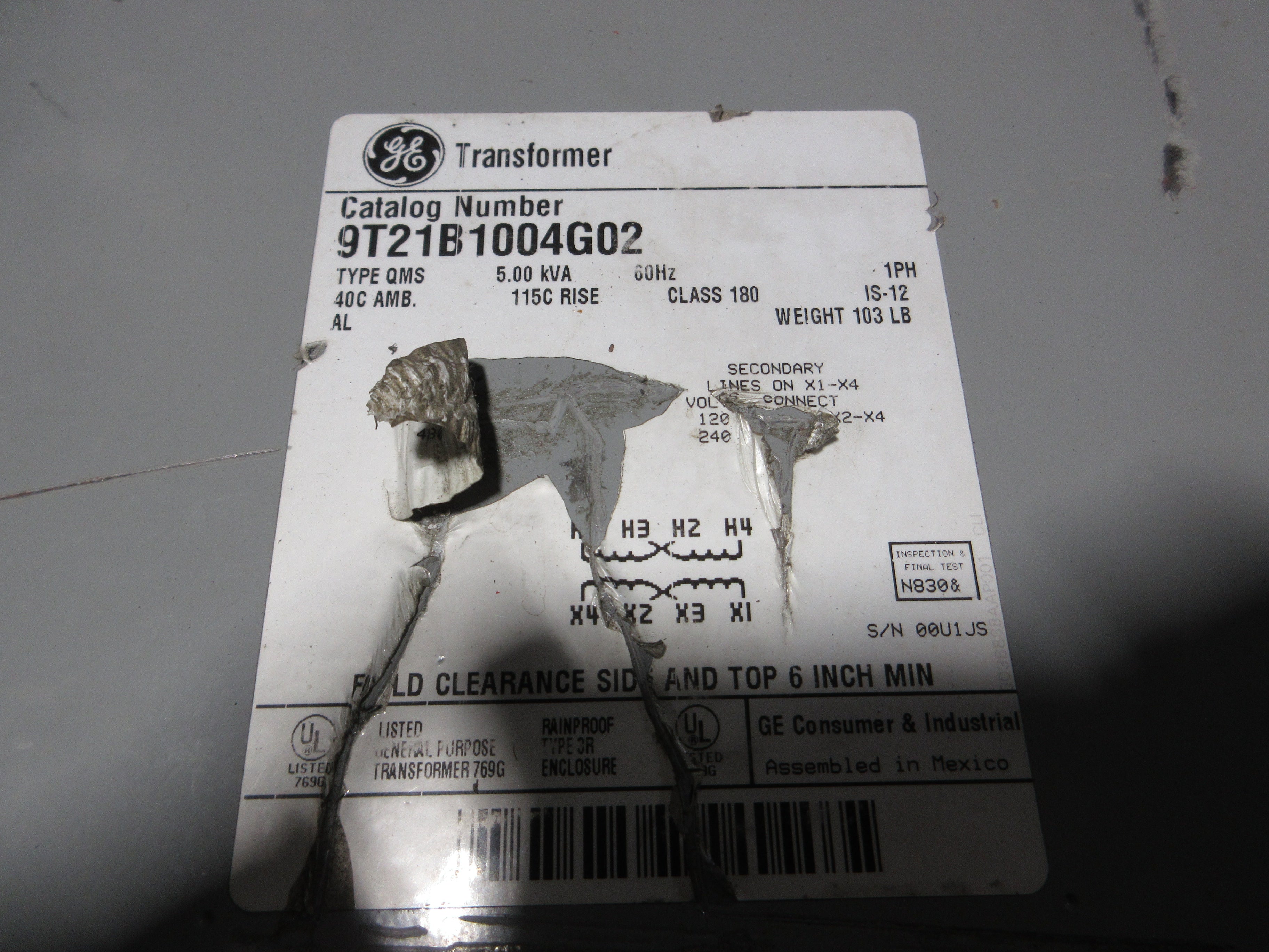 GE Type QMS 3R Transformer 9T21B1004G02 5kVA Pri: 240/480V Sec: 120/240V 1Ph