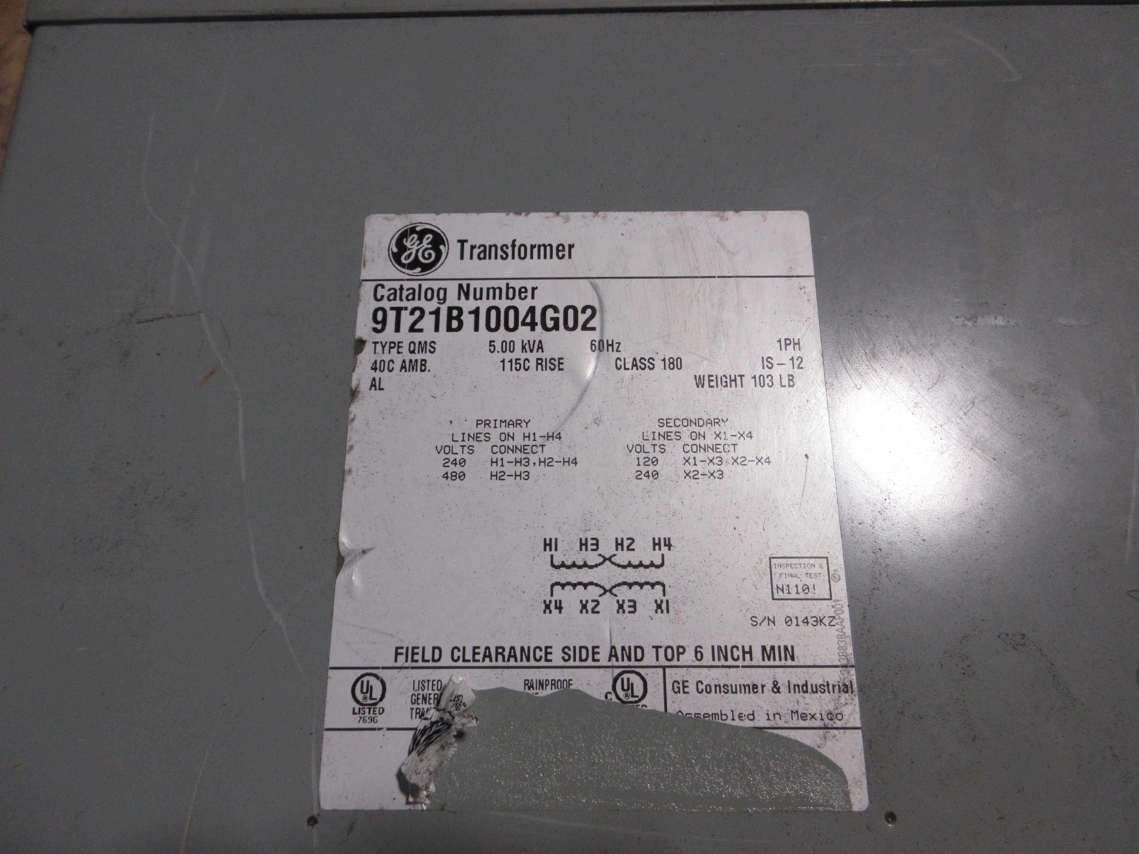GE Type QMS 3R Transformer 9T21B1004G02 5kVA Pri: 240/480V Sec: 120/240V 1Ph