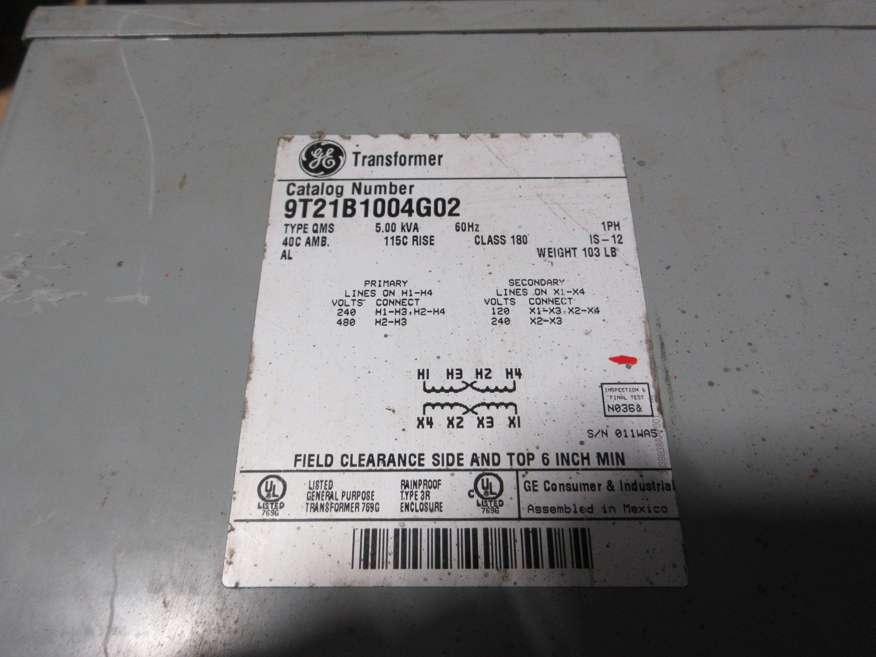GE Type QMS 3R Transformer 9T21B1004G02 5kVA Pri: 240/480V Sec: 120/240V 1Ph