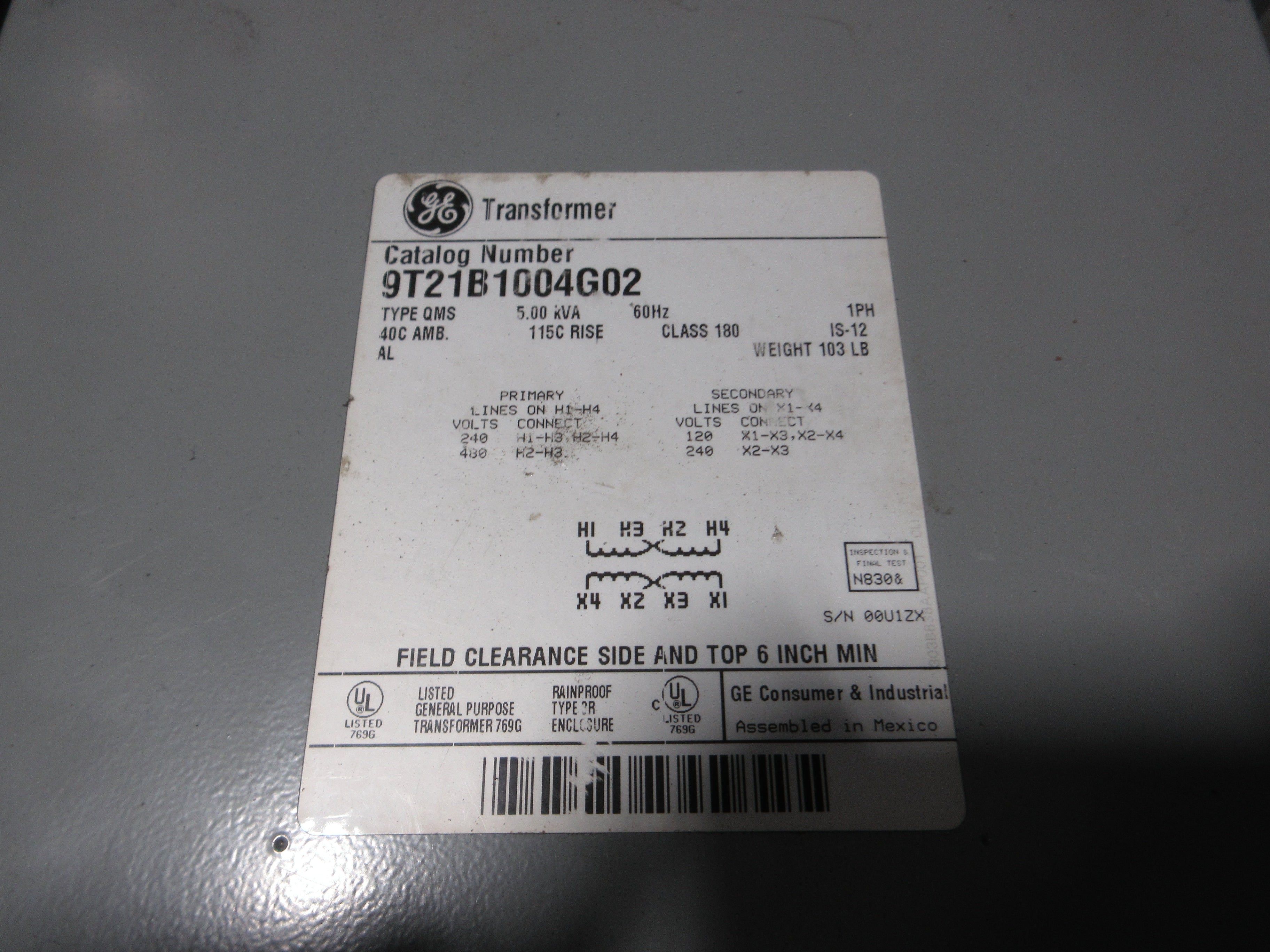 GE Type QMS 3R Transformer 9T21B1004G02 5kVA Pri: 240/480V Sec: 120/240V 1Ph