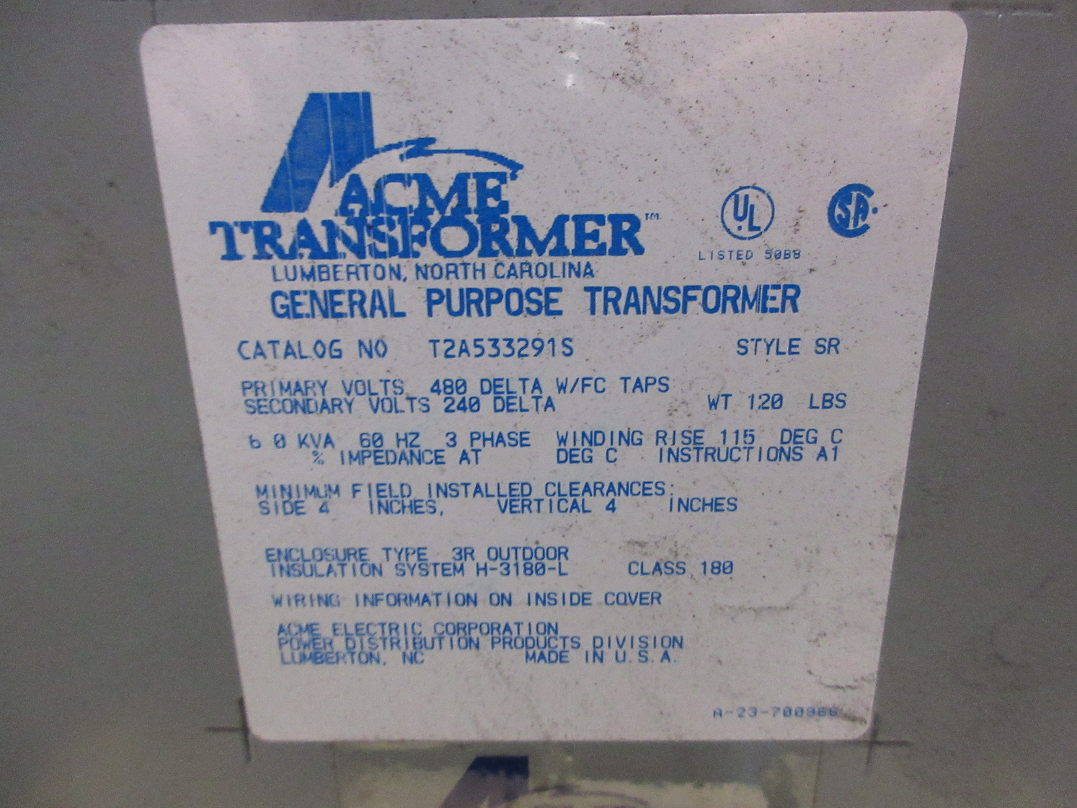 Acme Transformer 3R Transformer T2A533291S 6kVA Pri: 480V Sec: 240V 3Ph 60Hz