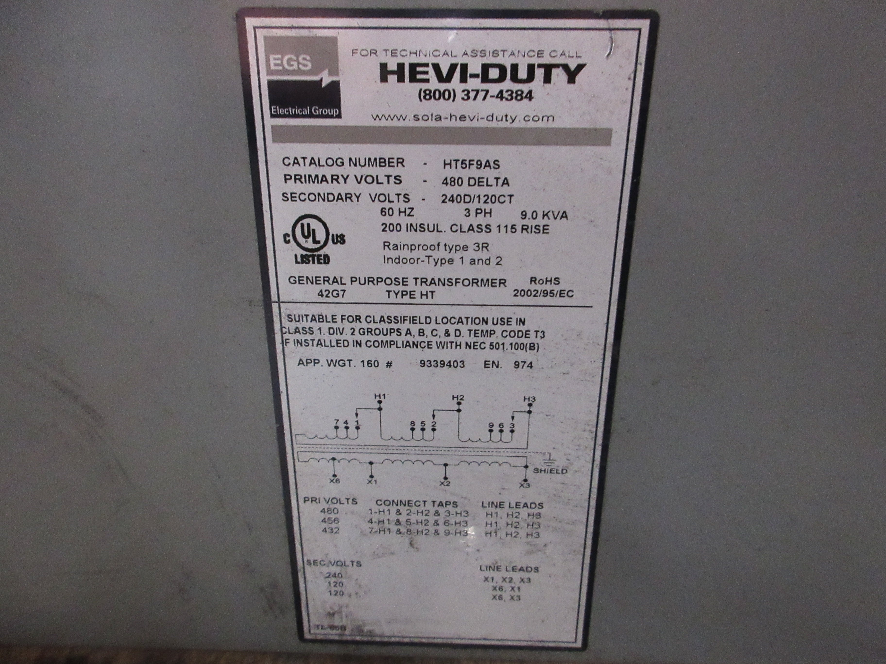Hevi-Duty 3R Transformer HT5F9AS 9kVA Pri: 480V Sec: 240/120V 3Ph 60Hz Used