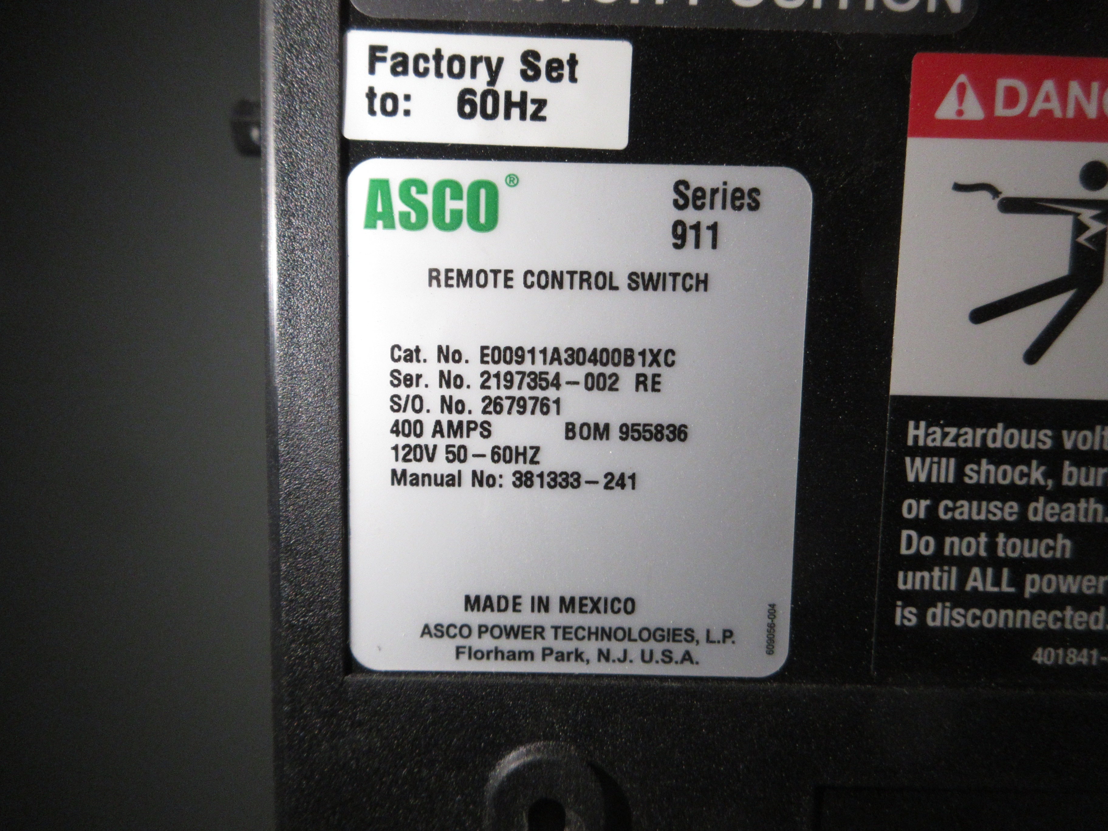Asco Series 911 Remote Control Switch E00911A30400B1XC 400A 120V Used