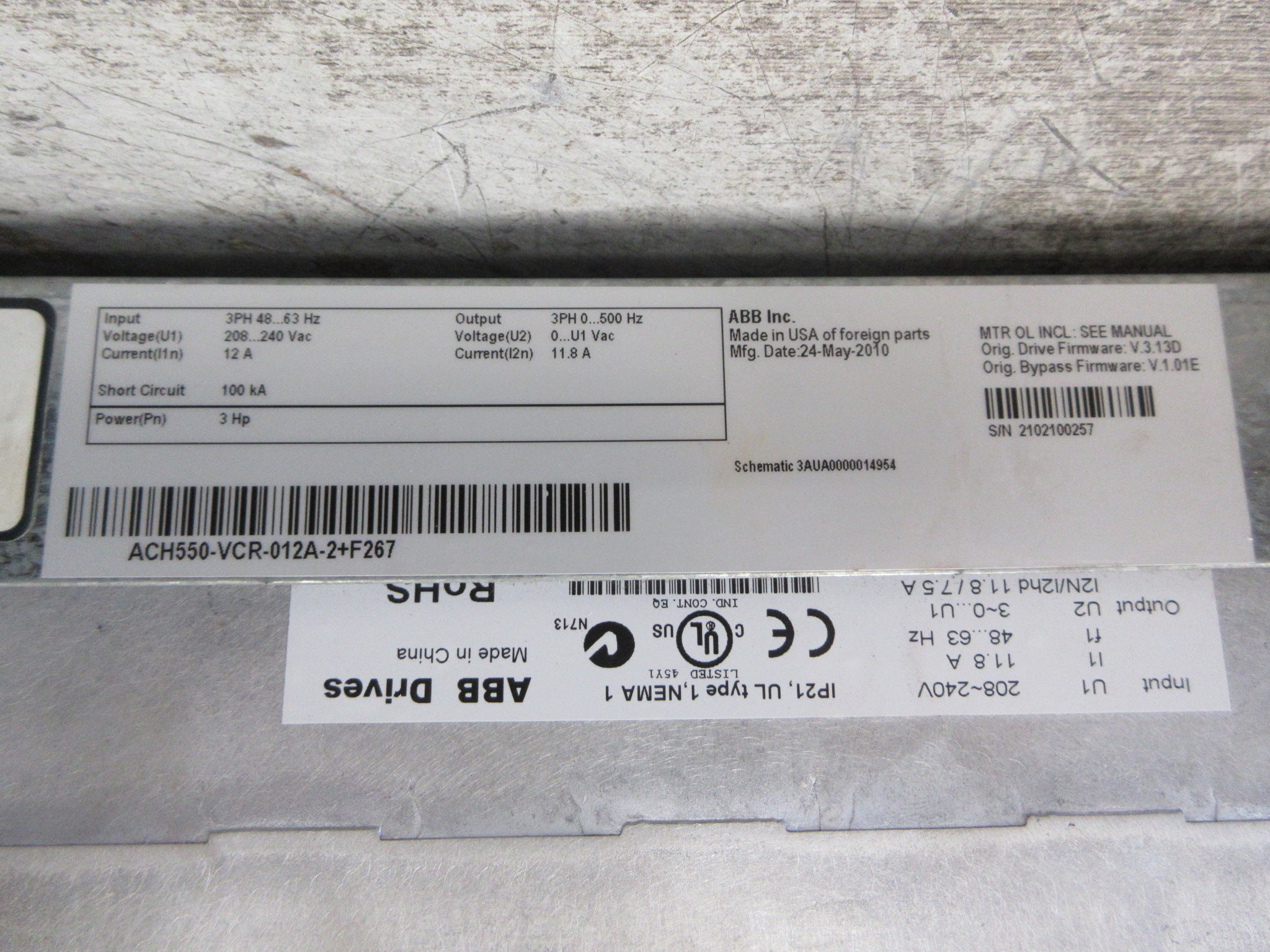 ABB ACH550 AC Drive w/ Bypass ACH550-VCR-012A-2+F267 3HP 3Ph w/ Keypad Used