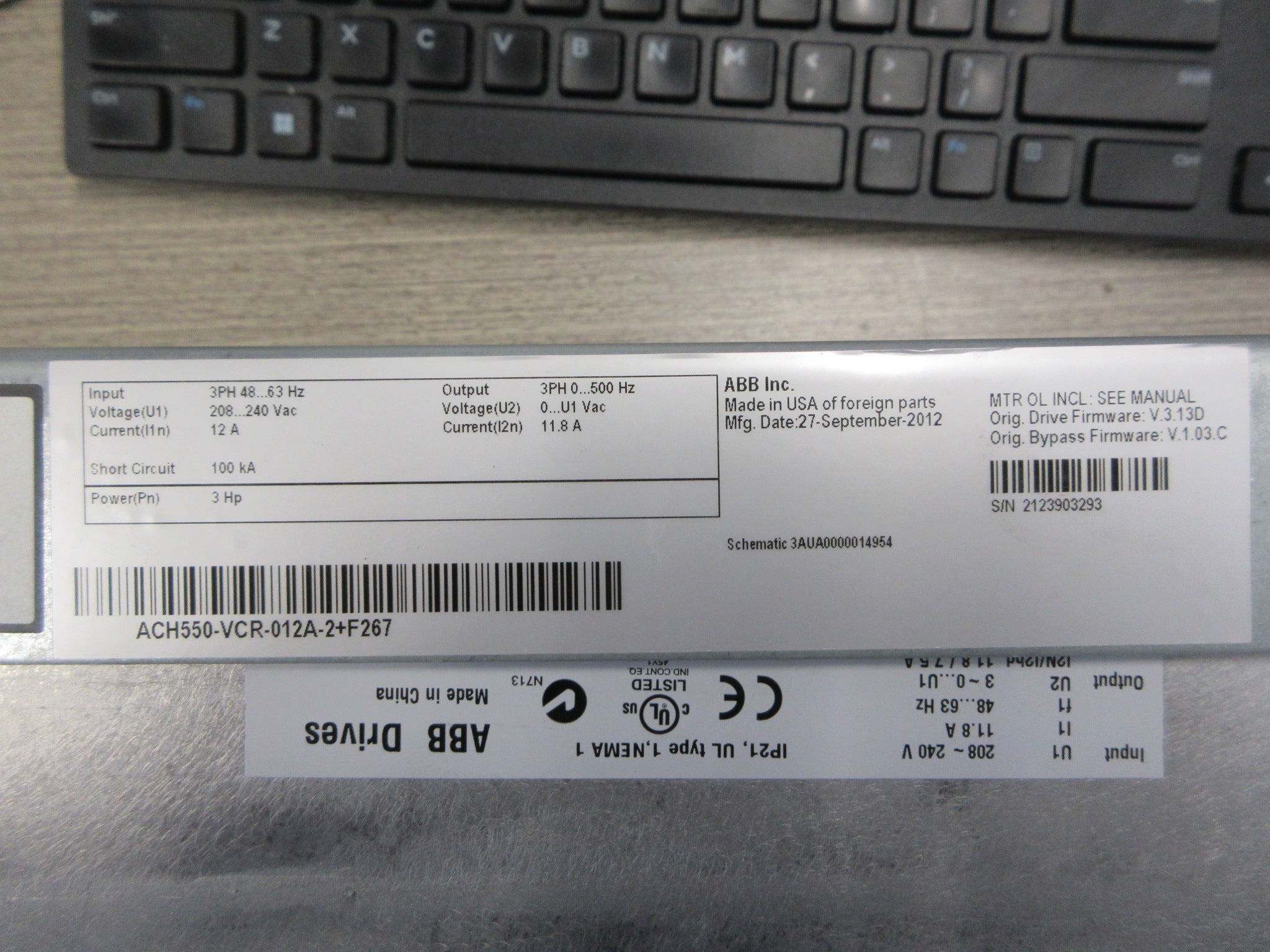 ABB ACH550 AC Drive w/ Bypass ACH550-VCR-012A-2+F267 3HP 3Ph w/ Keypad Used