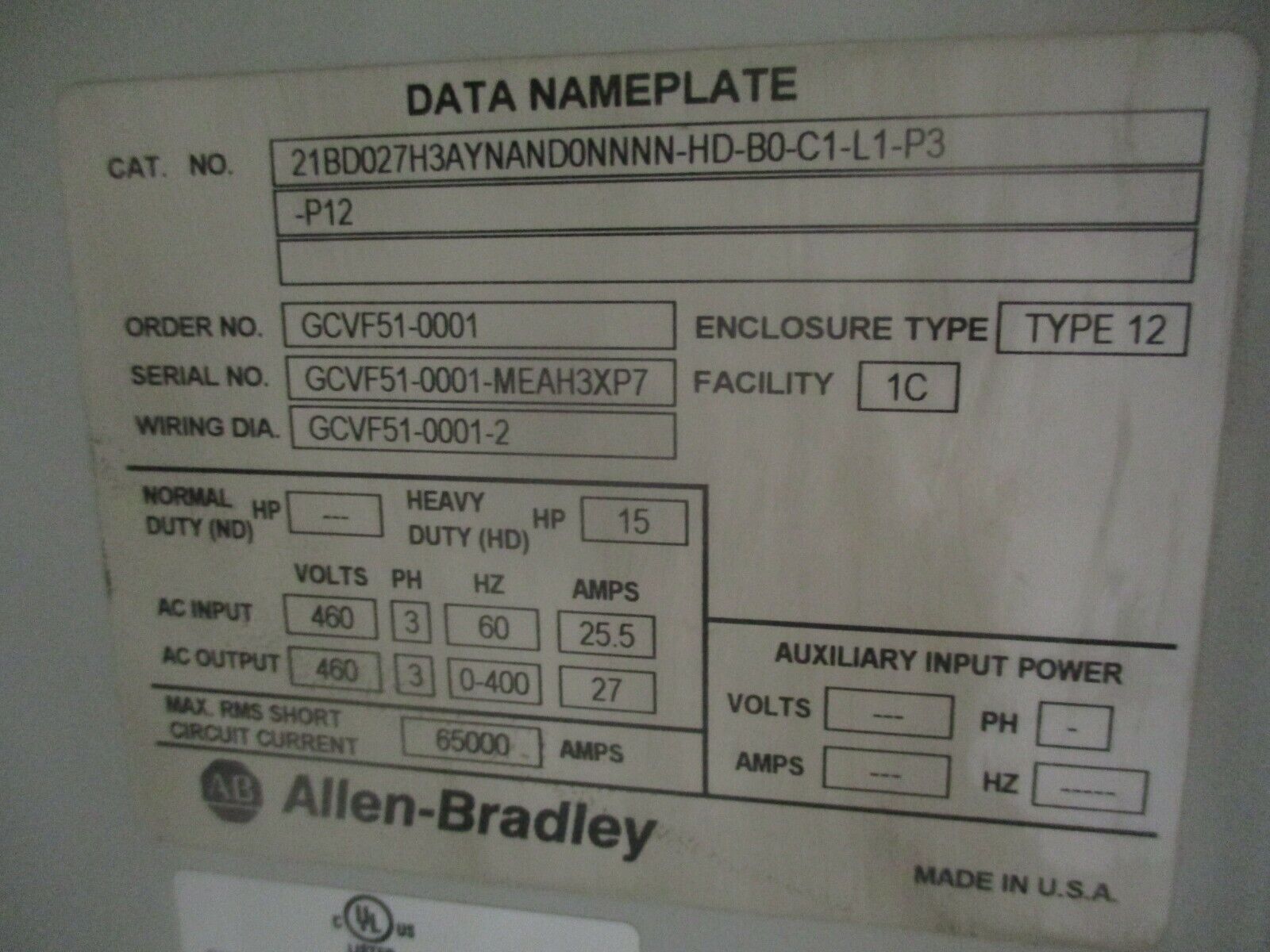 Allen-Bradley PowerFlex 700 AC Drive w/ Nema 12 Enclosure 15HP 460V 3Ph Used
