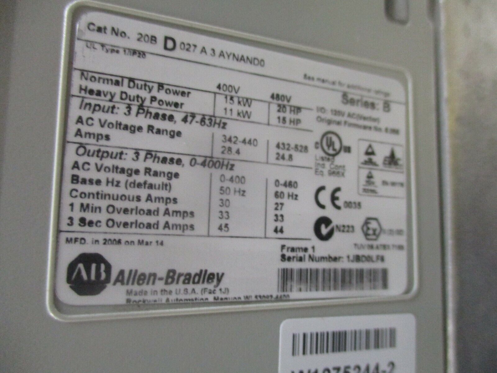 Allen-Bradley PowerFlex 700 AC Drive w/ Nema 12 Enclosure 15HP 460V 3Ph Used