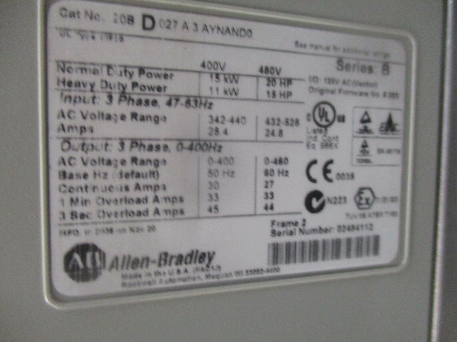 Allen-Bradley PowerFlex 700 AC Drive w/ Nema 12 Enclosure 20HP 460V 3Ph Used