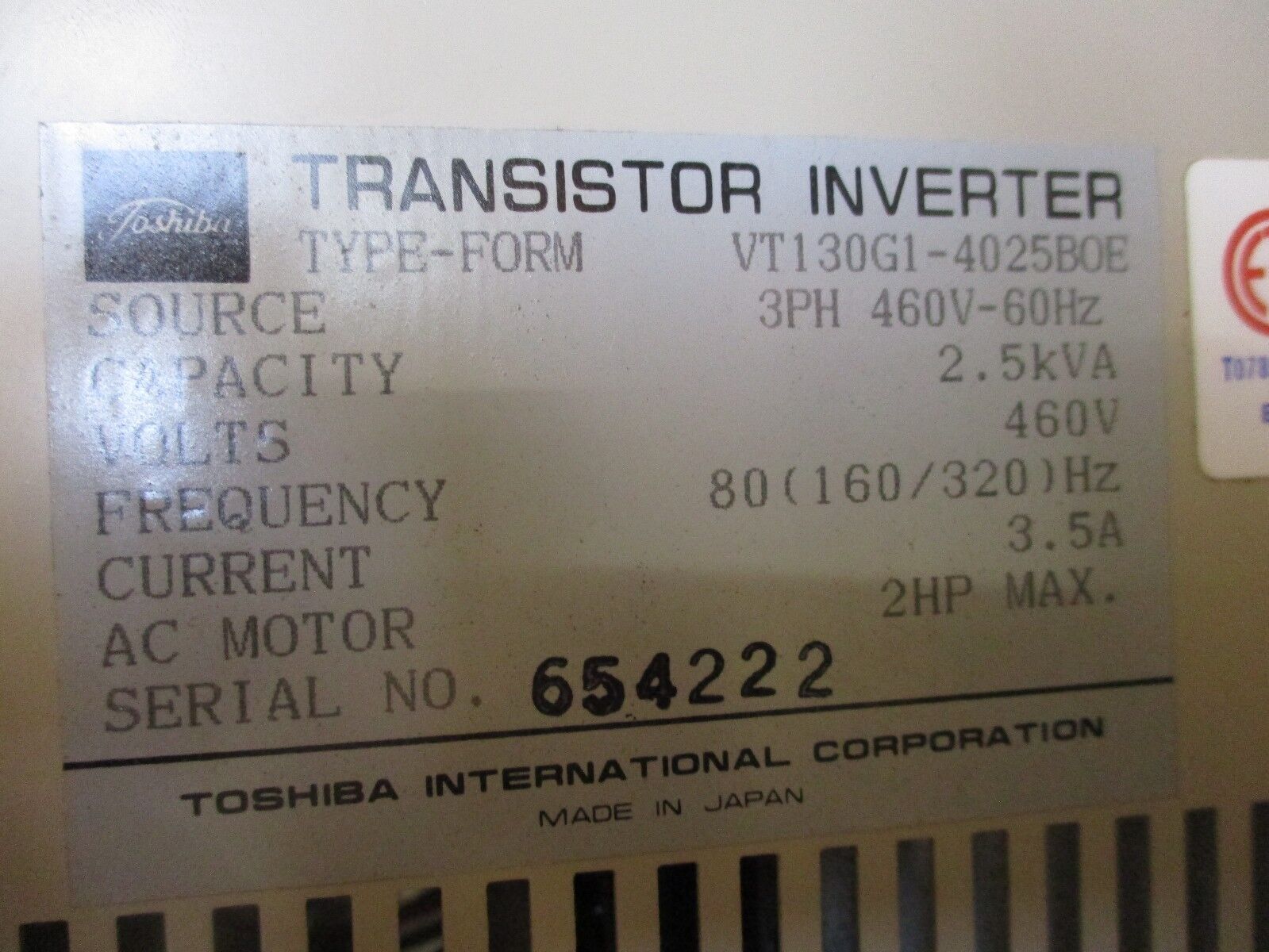 Toshiba ESP-130 AC Drive VT130G1-4025BOE 2HP 460V 3.5A 80Hz Used