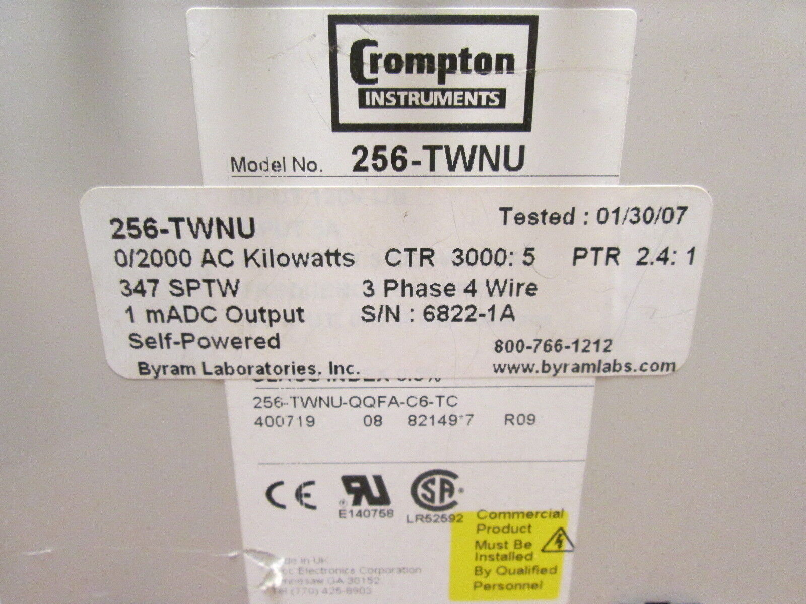 Crompton Paladin Transducer 256-TWNU 0/2000 AC KW 3Ph 4W CTR 3000:5 PTR 2.4:1