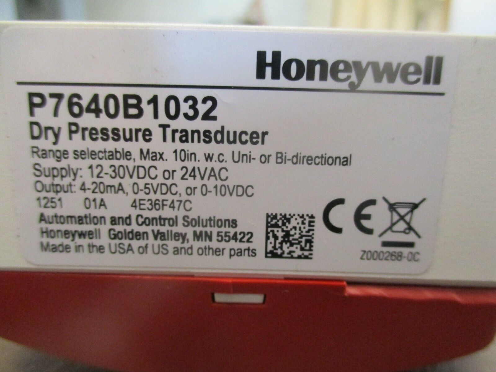 Honeywell Differential Pressure Transducer P7640B1032 Proof: 3PSI Used