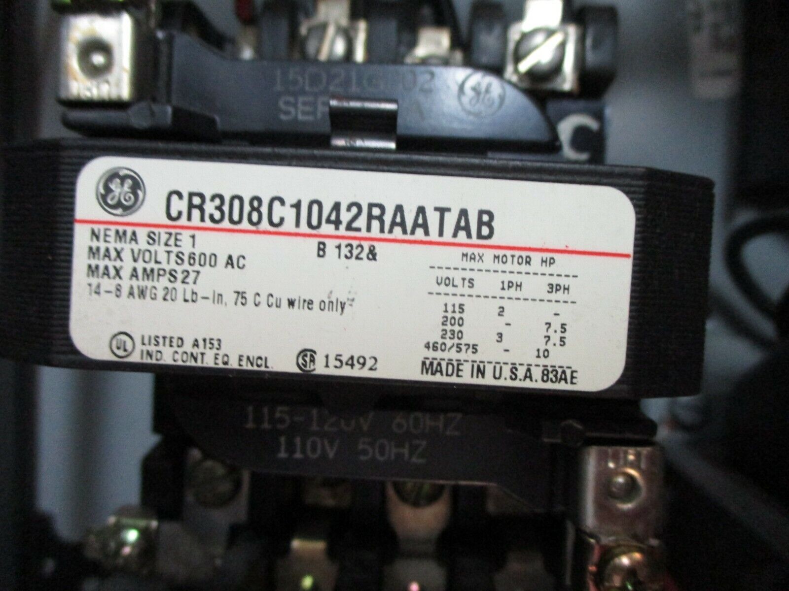 GE Fusible Size 1 Combination CR308C1042RAATAB 115-120V Coil 27A 600V Used
