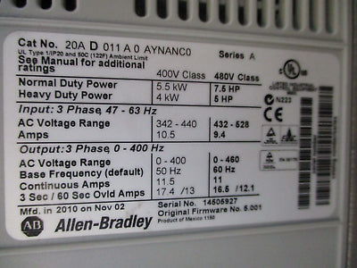 Allen-Bradley PowerFlex 70 AC Drive 20A D 011 A 0 AYNANC0 7.5HP 3Ph Used