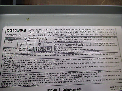 Eaton / Cutler-Hammer Type 3R Fusible Safety Switch / Disconnect DG221NRB 30A 3W