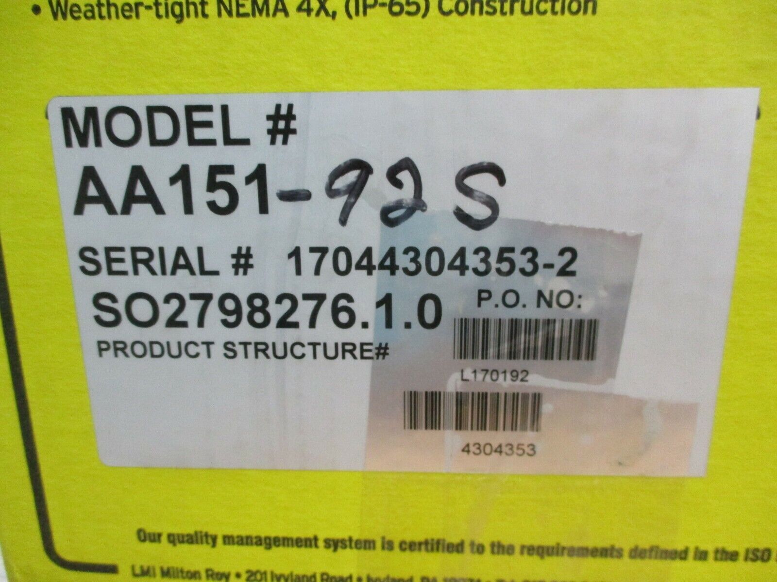 LMI Milton Roy Metering Pump AA151-92S 1Gal/Hr. Sulfuric Use 110PSI New Surplus