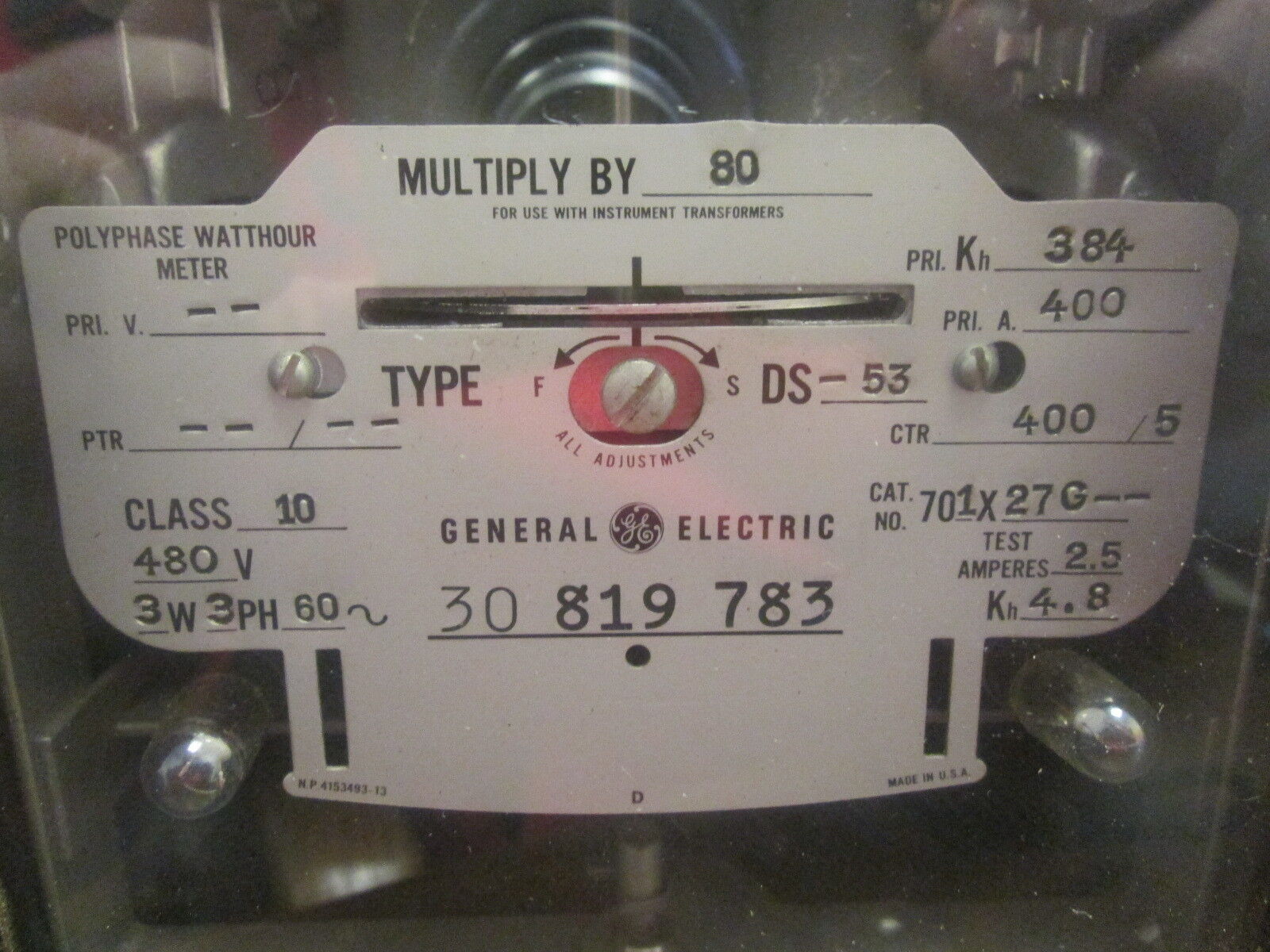 GE Type DS-53 Polyphase Watthour Meter 701X27G 480V 3W 3Ph 60Hz Used