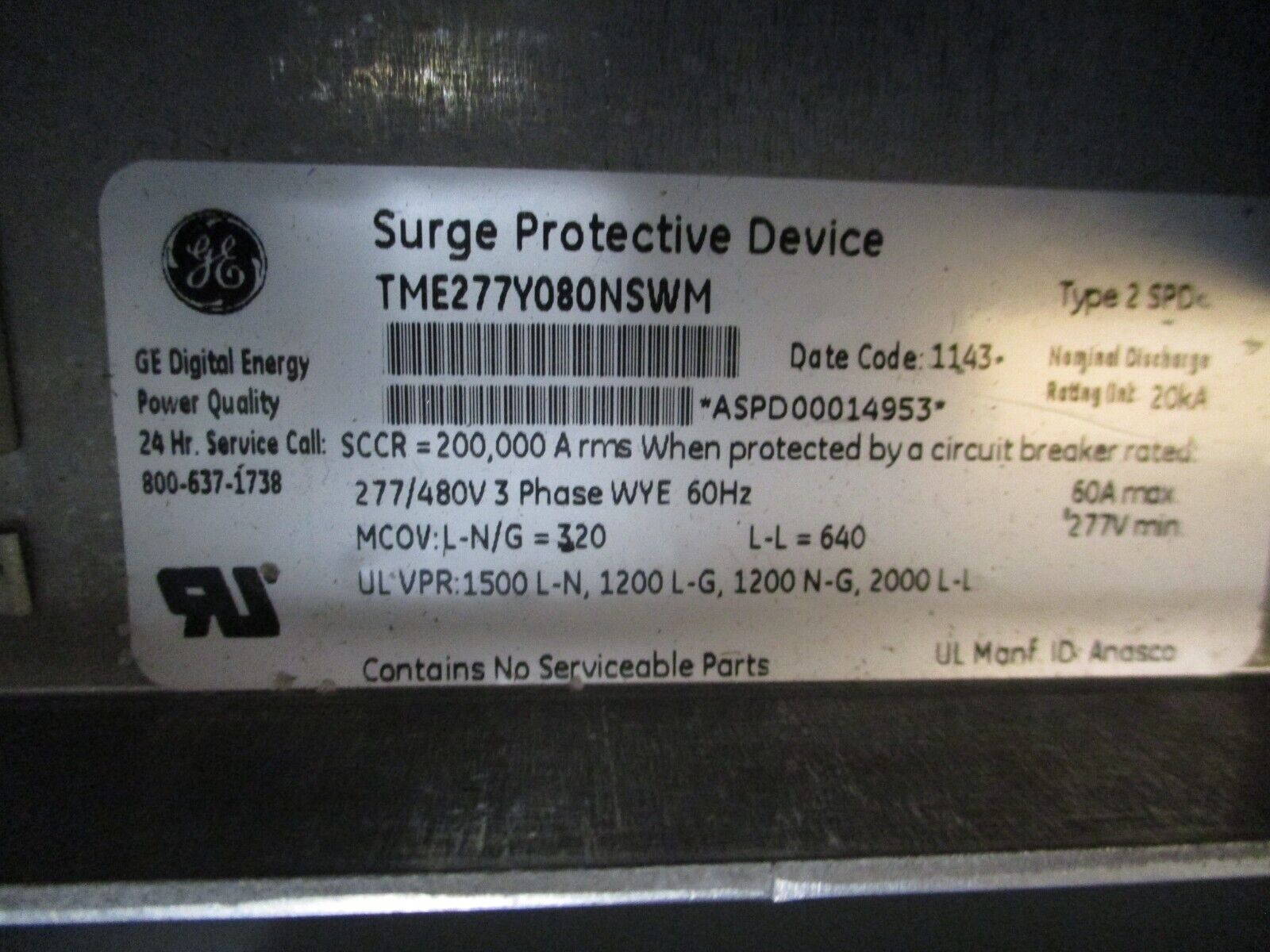 GE Enclosed Tranquell Surge Protective Device TME277Y080NSWM 277/480V 3Ph 60Hz