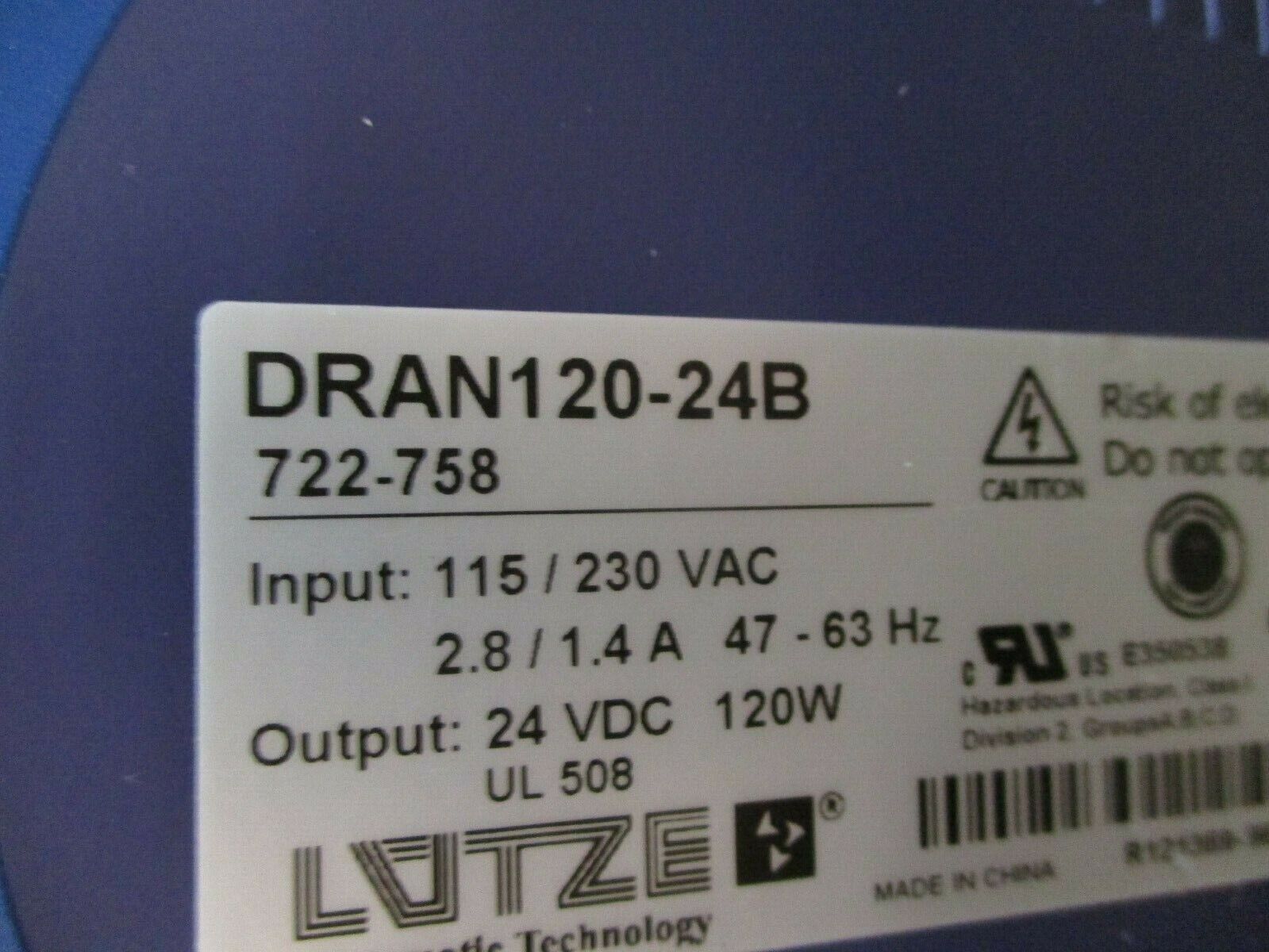 LÜTZE Power Supply DRAN120-24B Input: 115/230V, 2.8/1.4A Output: 24VDC Used
