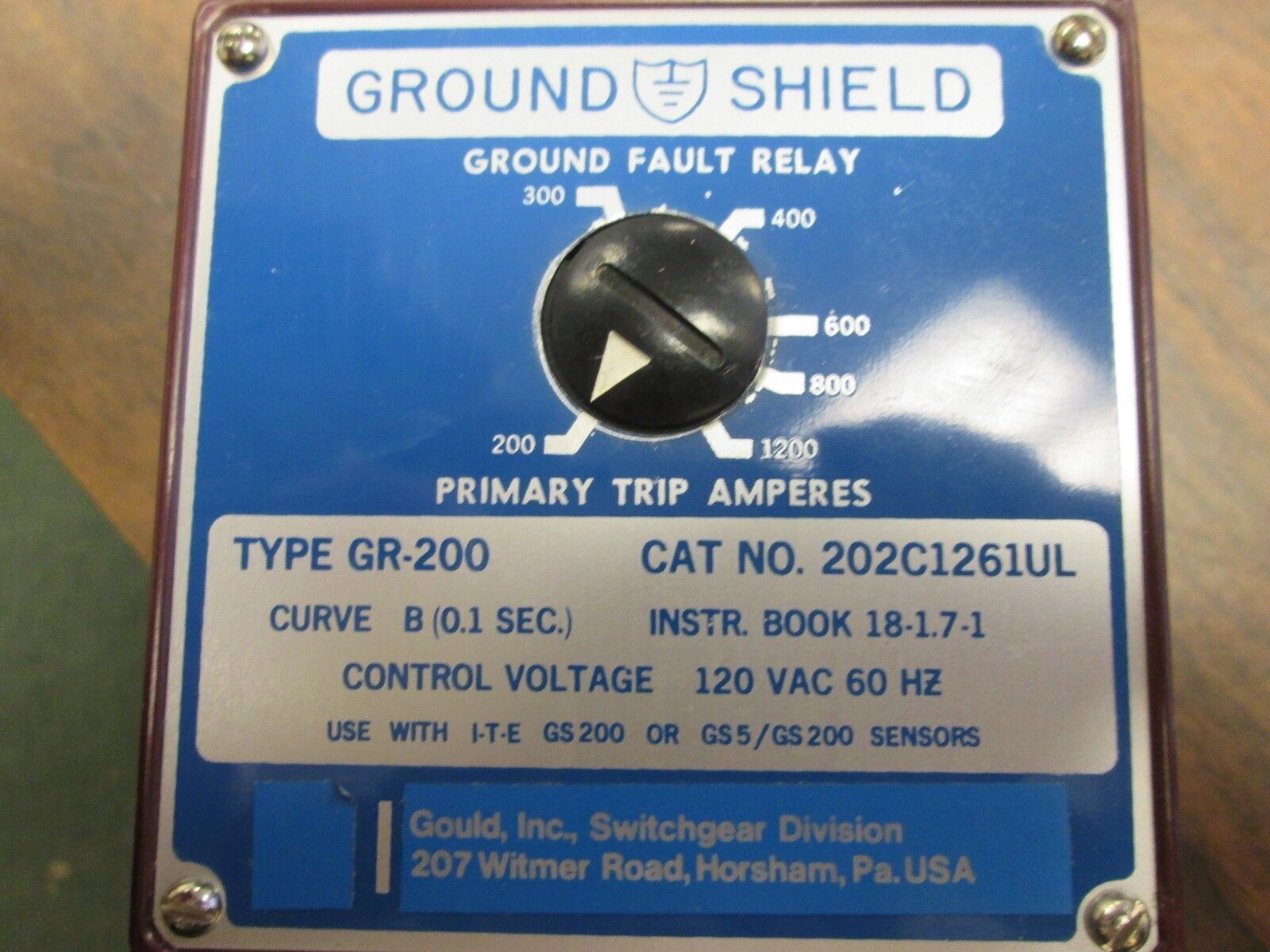 Gould Type GR-200 Ground Shield Ground Fault Relay 202C1261UL 120V 60Hz Used