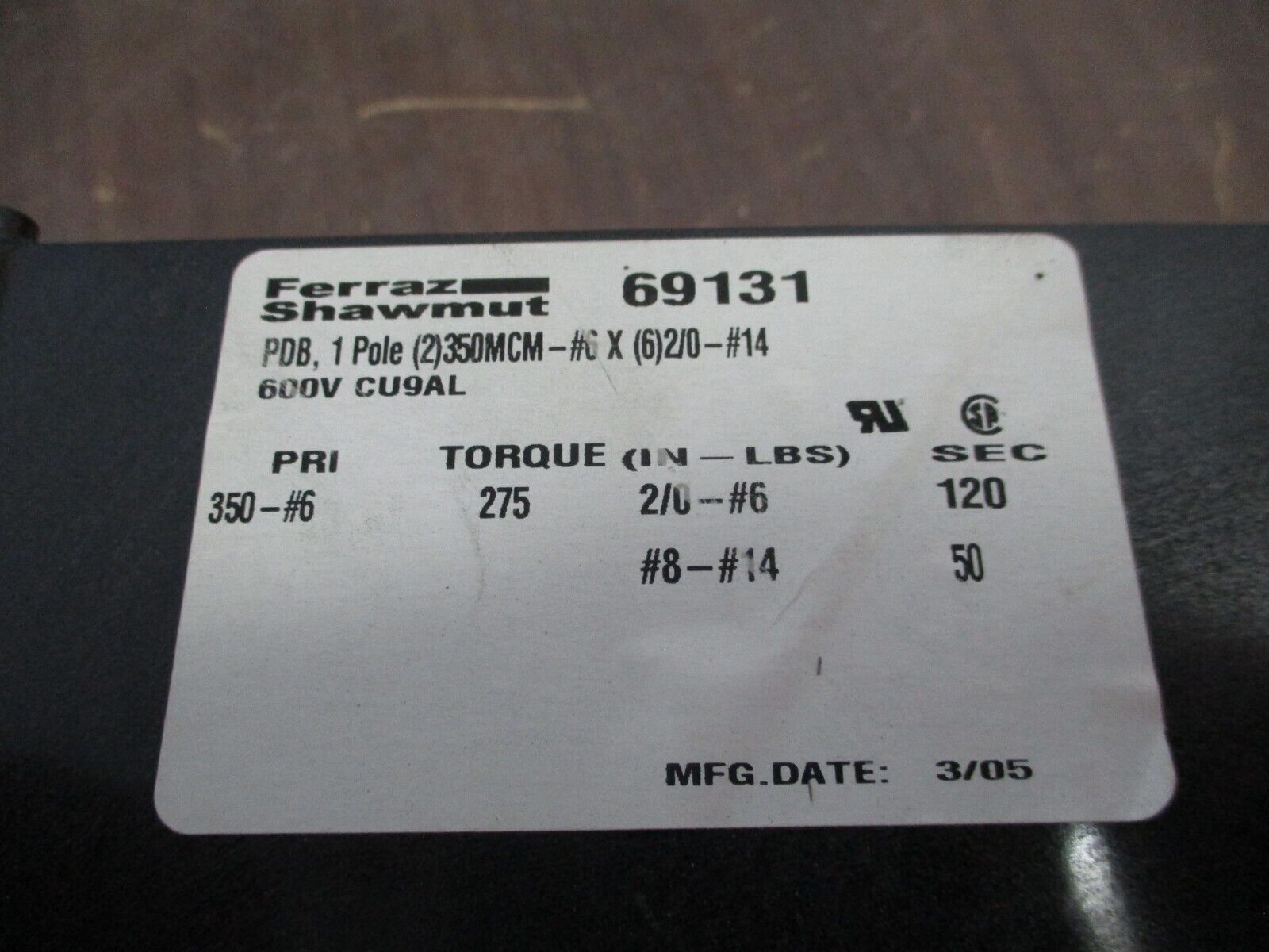 Ferraz Shawmut Power Distribution Block 69131 Load (6): 2/0-#14 600V 1P Used