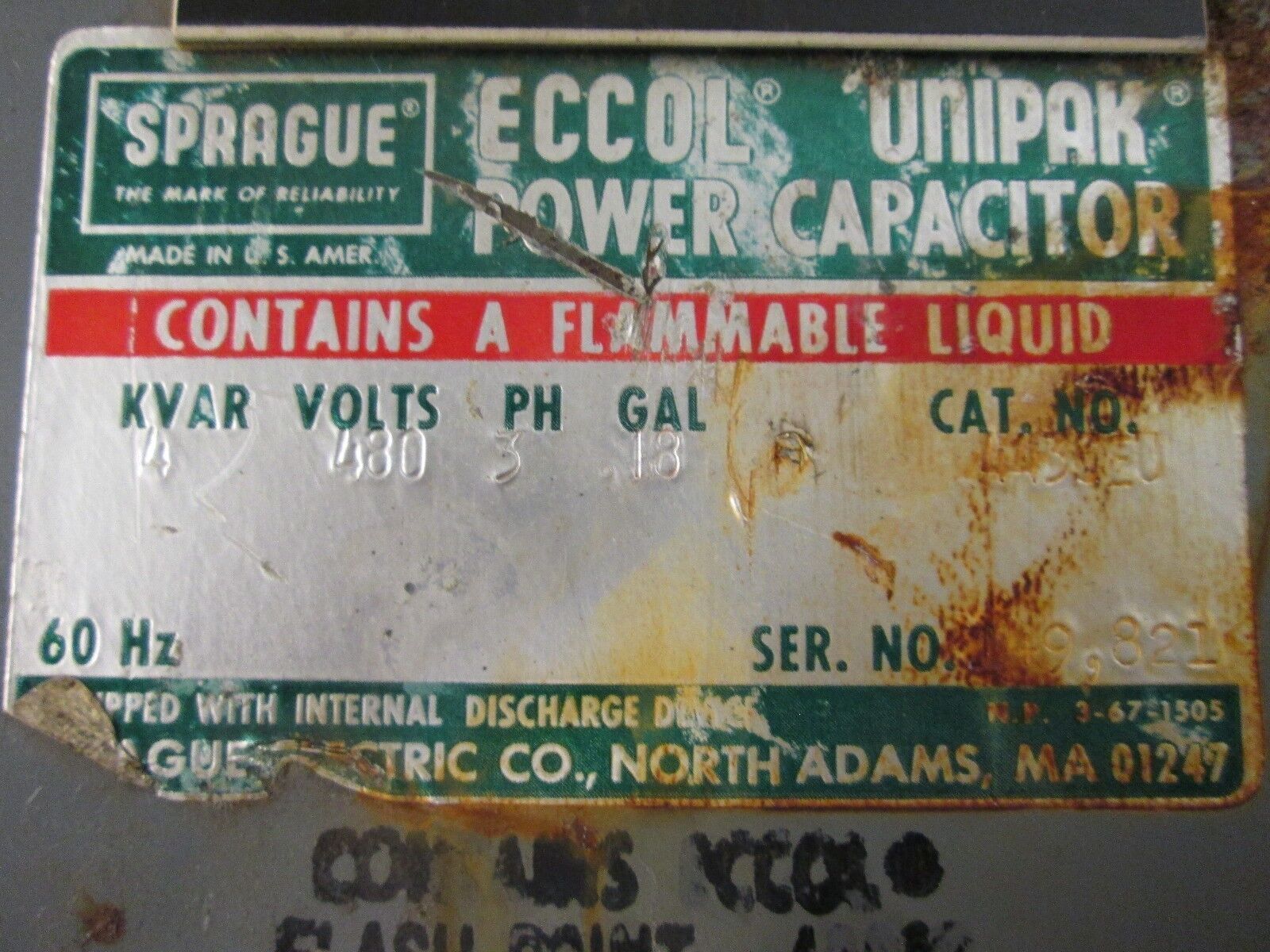 Sprague Eccol Unipak Power Capacitor 443CEU 4 KVAR 480V 60Hz 3Ph Used