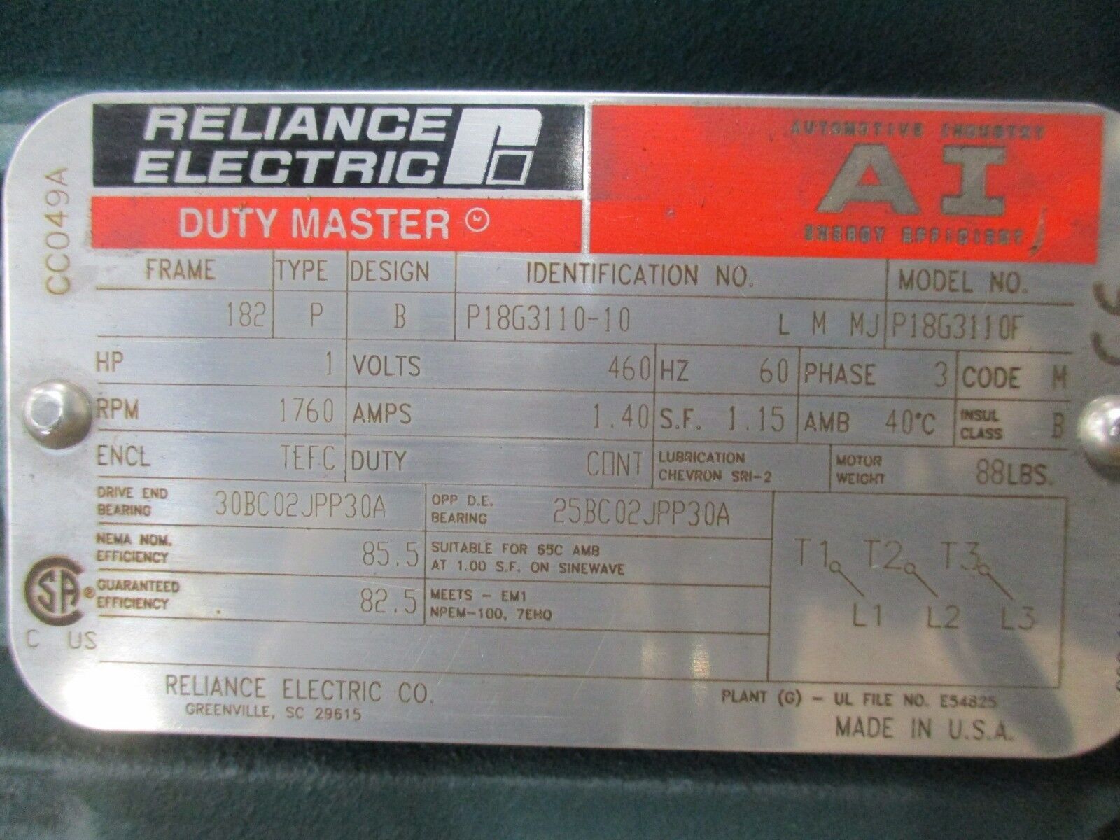 Reliance AI Duty Master AC Motor P18G3110F 1HP 1800RPM 460V 1.4A 3Ph New Surplus