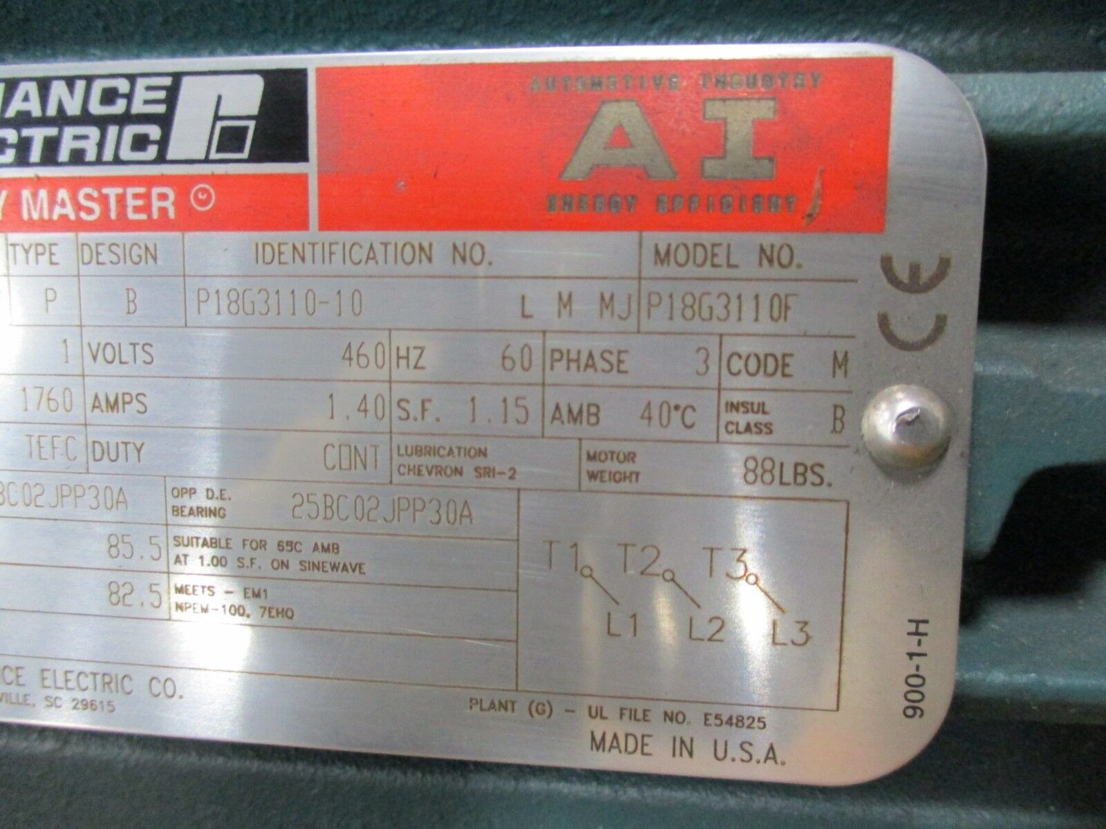 Reliance AI Duty Master AC Motor P18G3110F 1HP 1800RPM 460V 1.4A 3Ph New Surplus