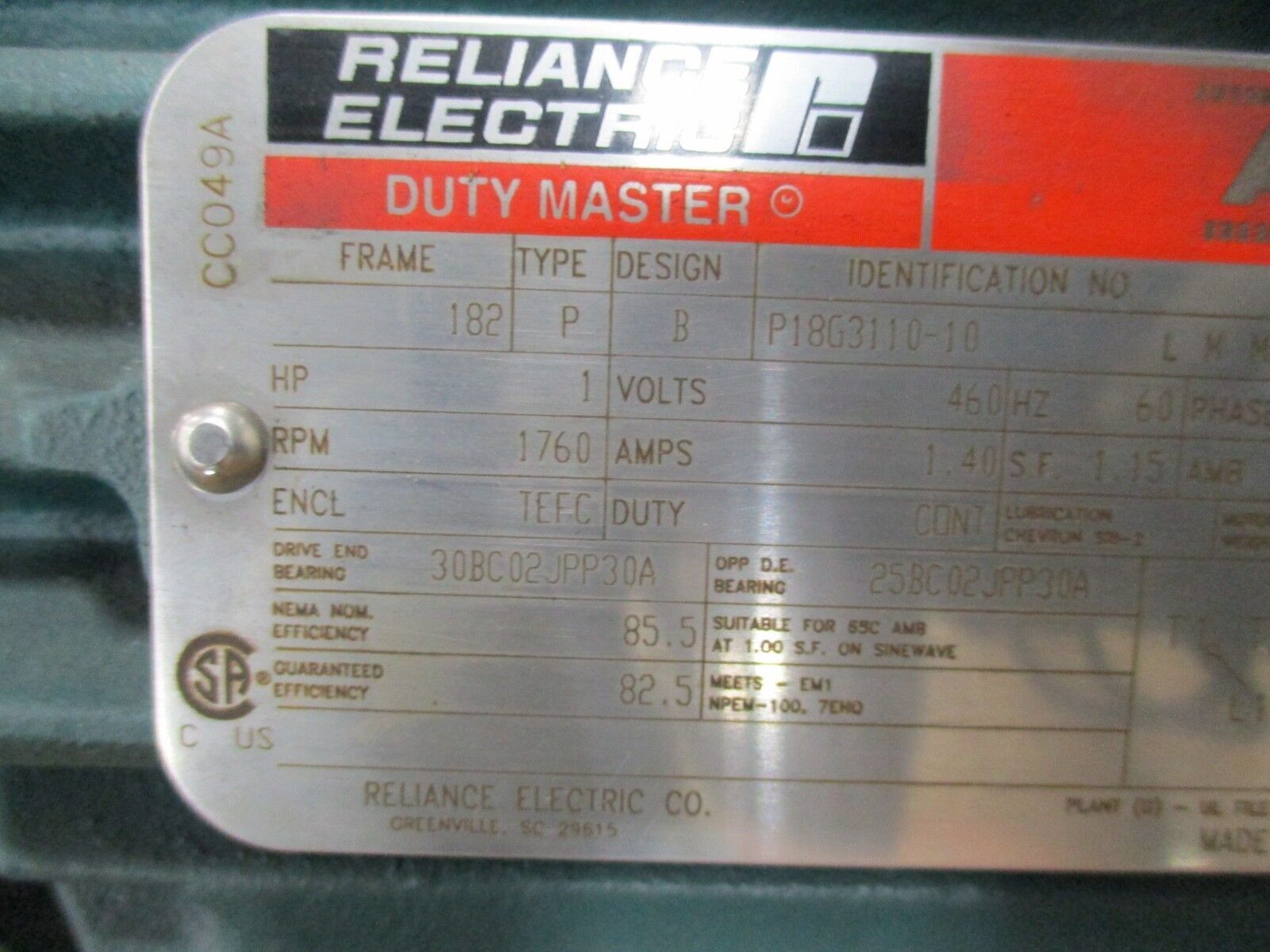 Reliance AI Duty Master AC Motor P18G3110F 1HP 1800RPM 460V 1.4A 3Ph New Surplus