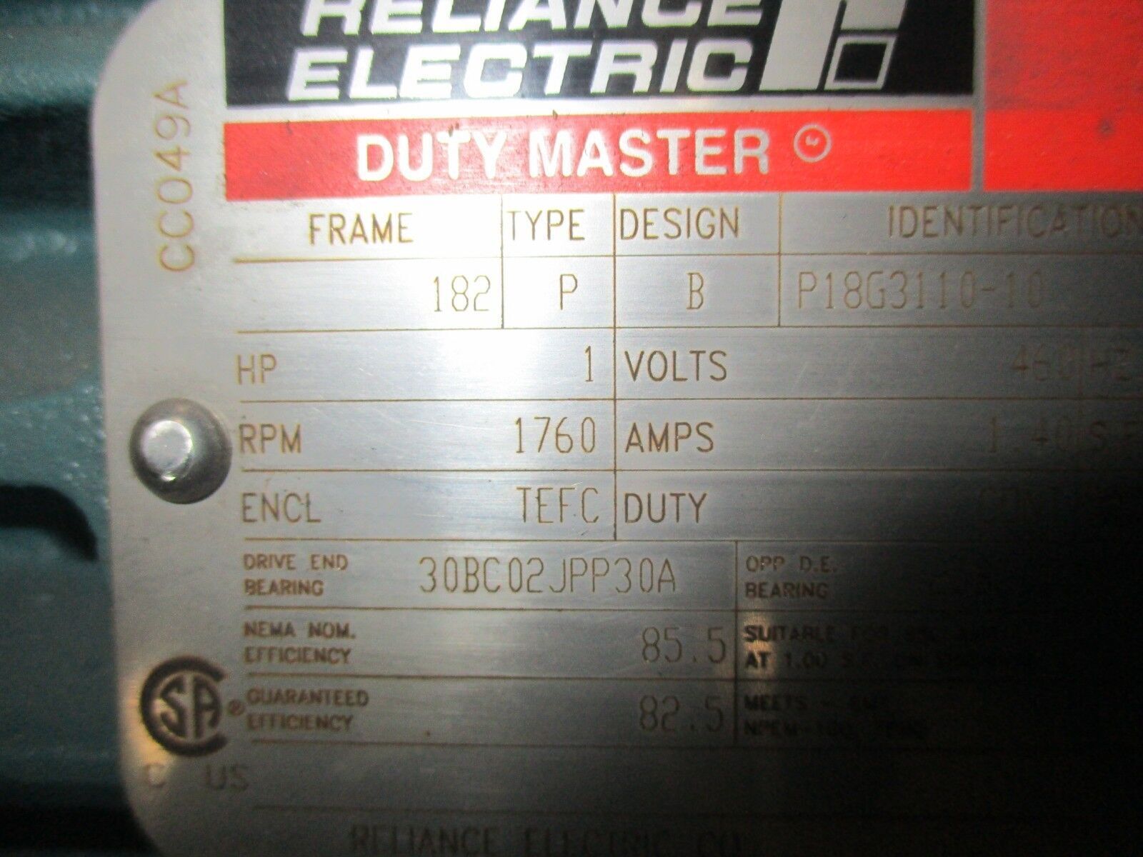 Reliance AI Duty Master AC Motor P18G3110F 1HP 1800RPM 460V 1.4A 3Ph New Surplus