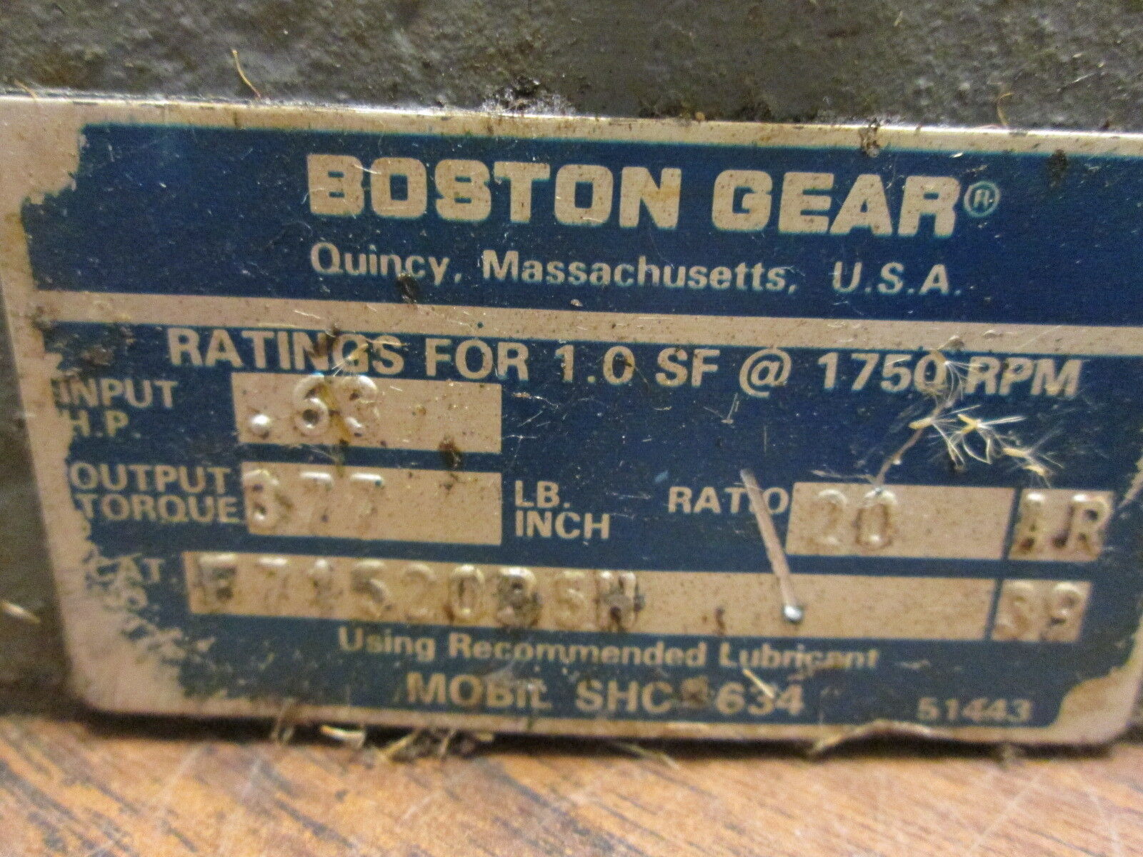 Boston Gear Reducer F71520BSH 0.63HP In Ratio 20:1 377 lb/in Torque Out Used