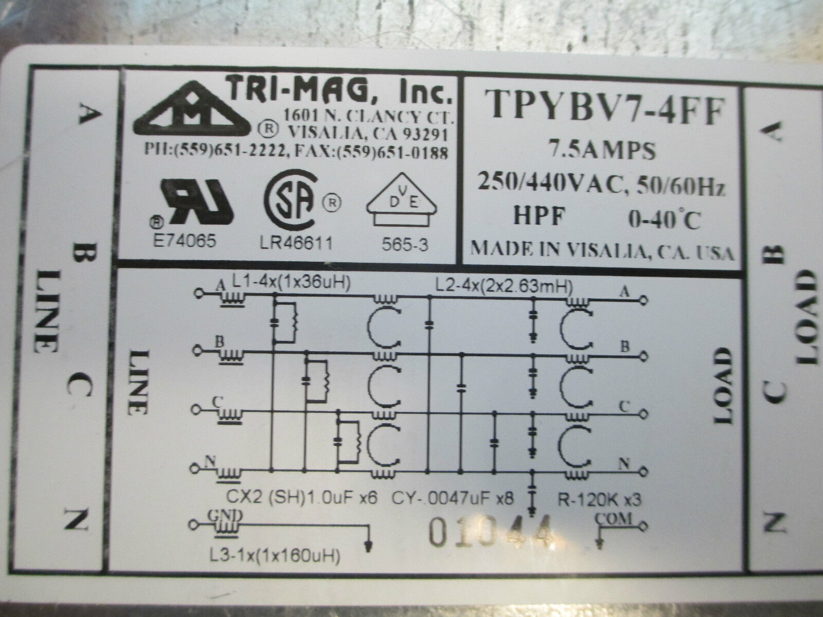 Tri-Mag Filter TPYBV7-4FF, 7.5A 250/440VAC