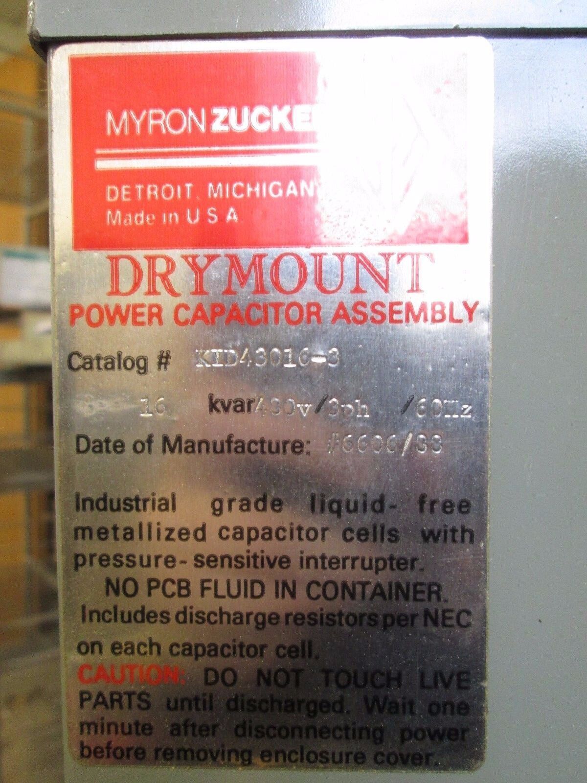 Calmount Drymount Power Capacitor KID43016-3 16 KVAR 480V 60Hz 3Ph Used