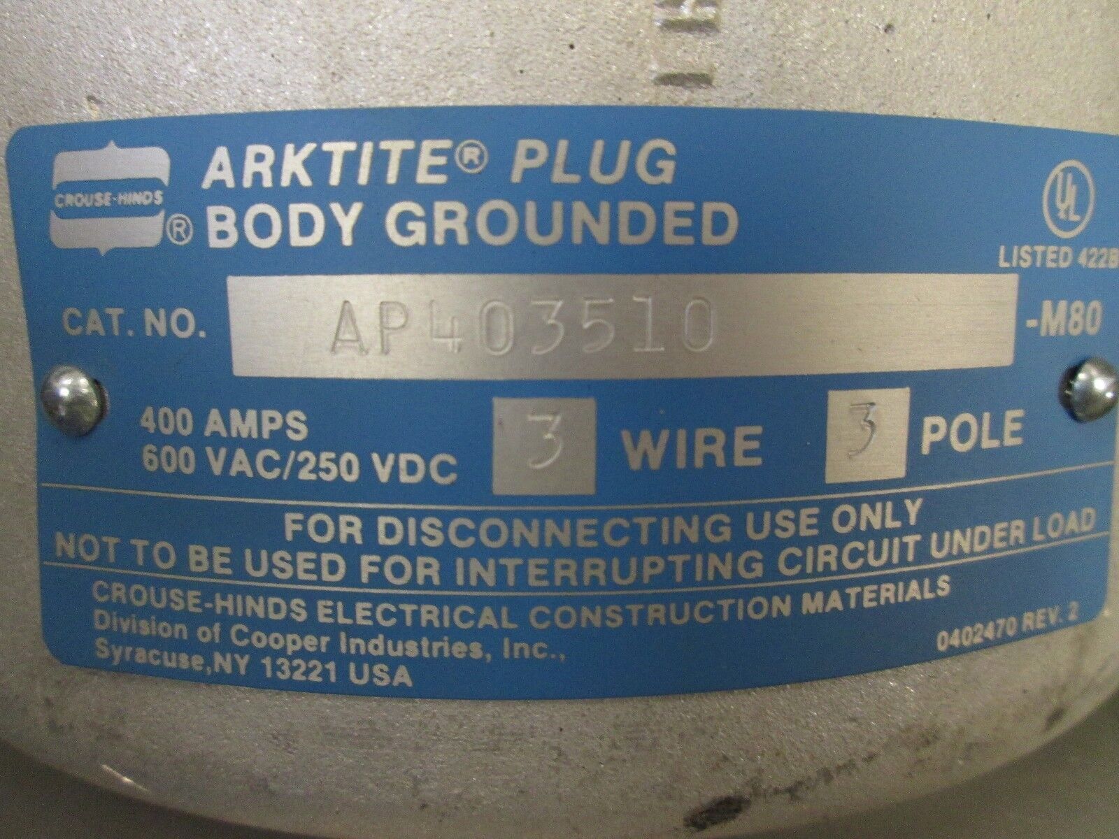 Crouse-Hinds Arktite Plug AP403510-M80 400A 600V 3P 3W Body Grounded New Surplus