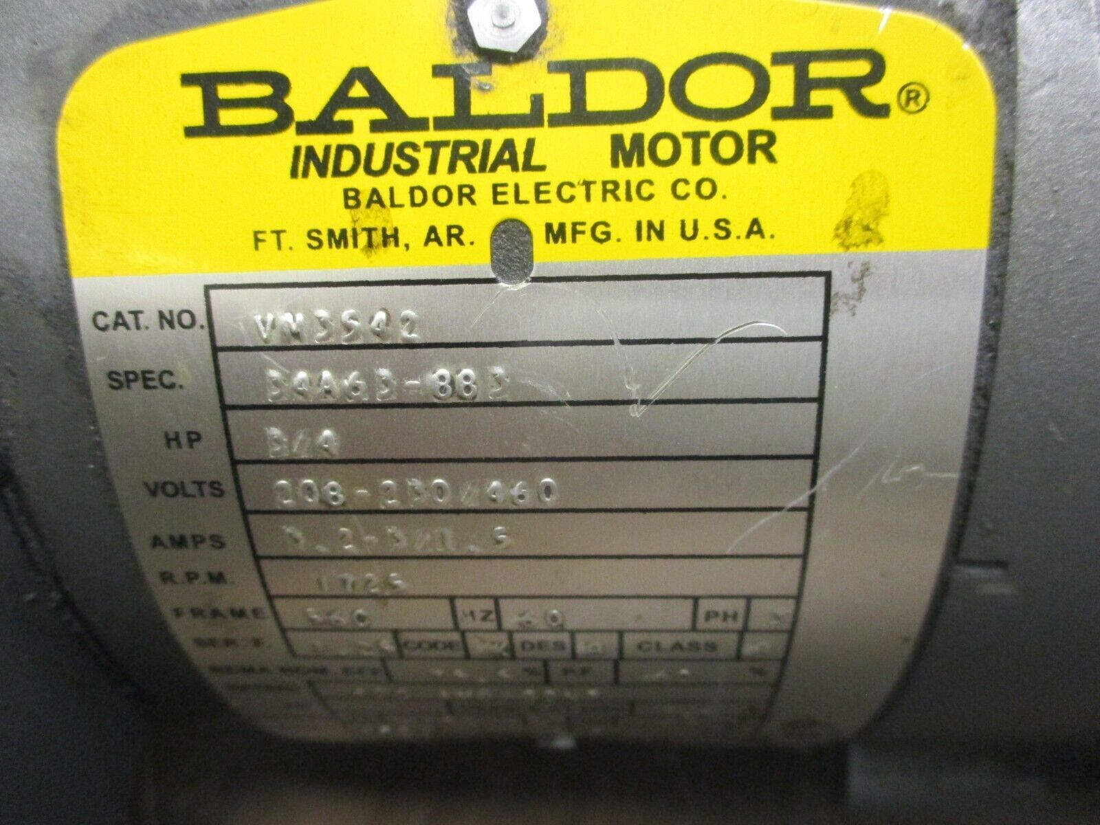 Baldor AC Motor w/ Gear VM3542 3/4HP 1800RPM FR:56C ENCL:TEFC 208-230/460V Used