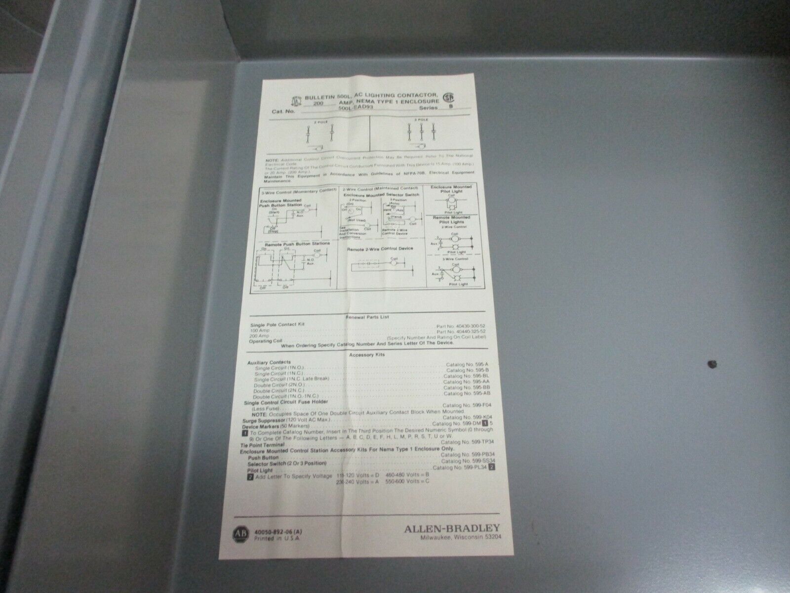 Enclosed Lighting Contactor 500L-EAD93 Ser.B 115-120V Coil 200A 600V Used