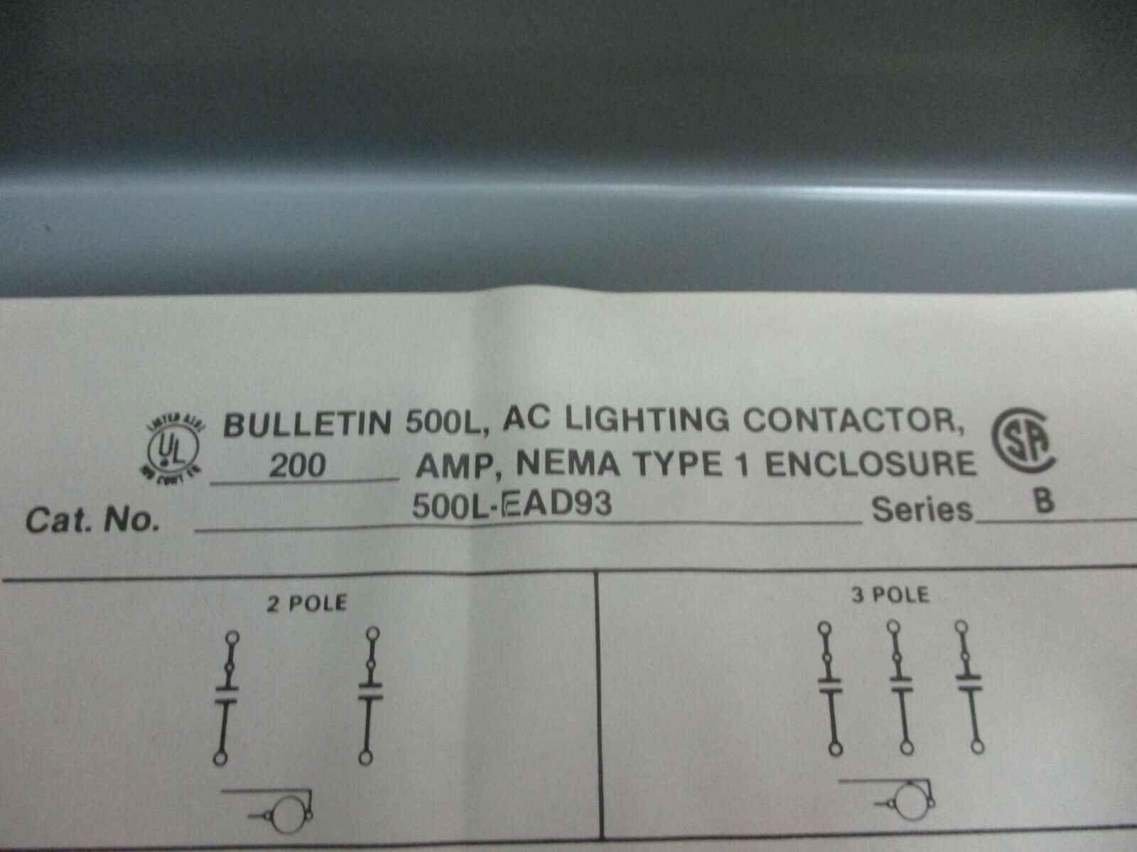 Enclosed Lighting Contactor 500L-EAD93 Ser.B 115-120V Coil 200A 600V Used