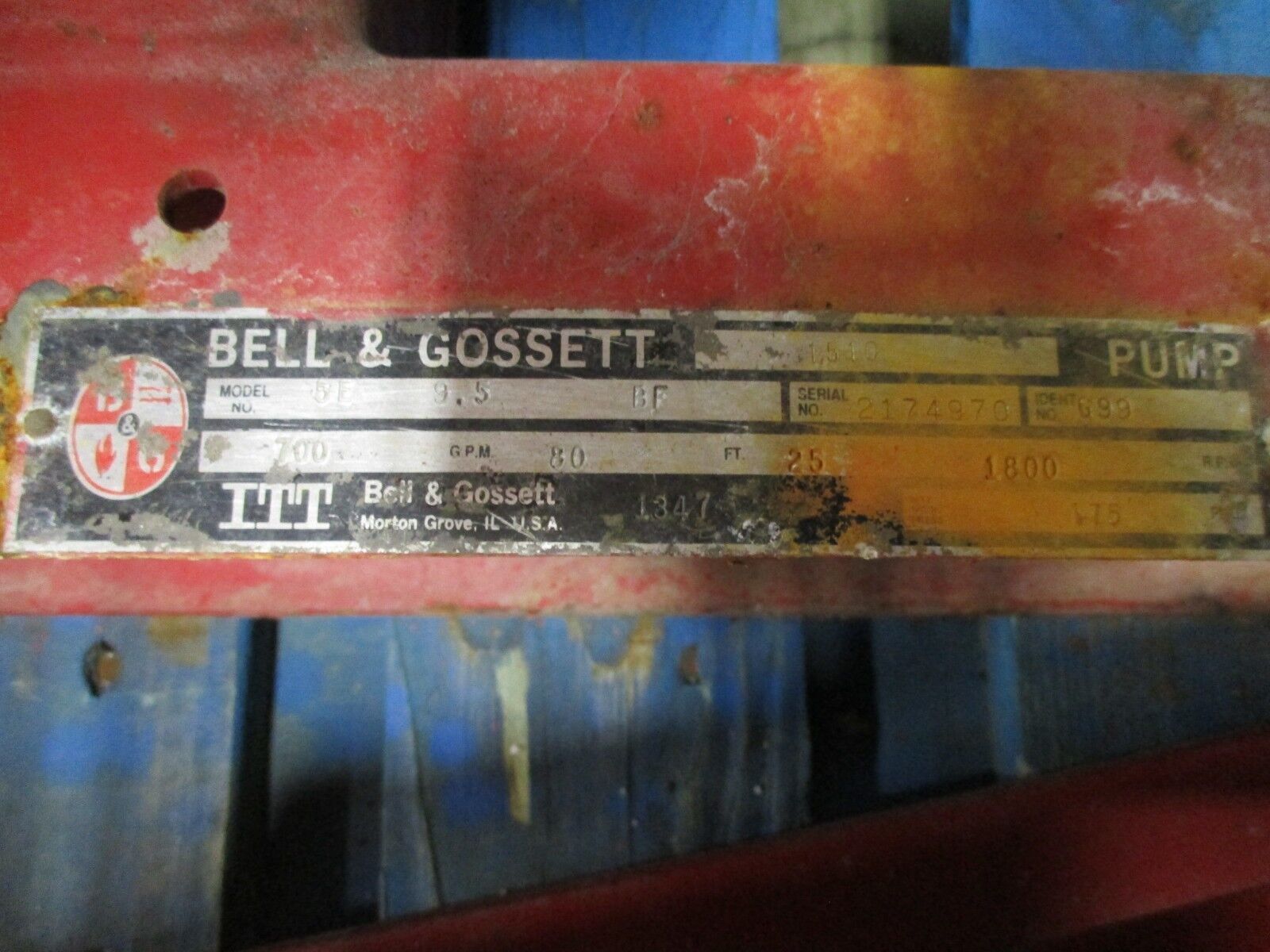 Bell & Gossett 1510 Pump 5E 9.5 BF 25HP 700GPM 80FT Head 1800RPM 175PSI Used
