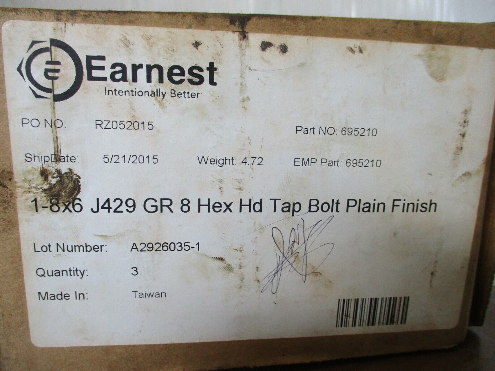 Earnest Hex Head Tap Bolt 695210 Plain Finish 1-8X6 J429 *Box of 3* New Surplus