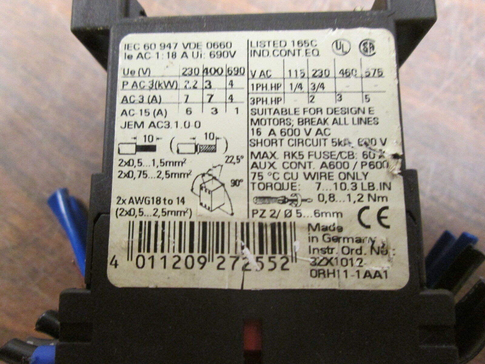 Siemens Sirius 3R Contactor 3RT1015-1BB42 24VDC Coil 16A 600V Used