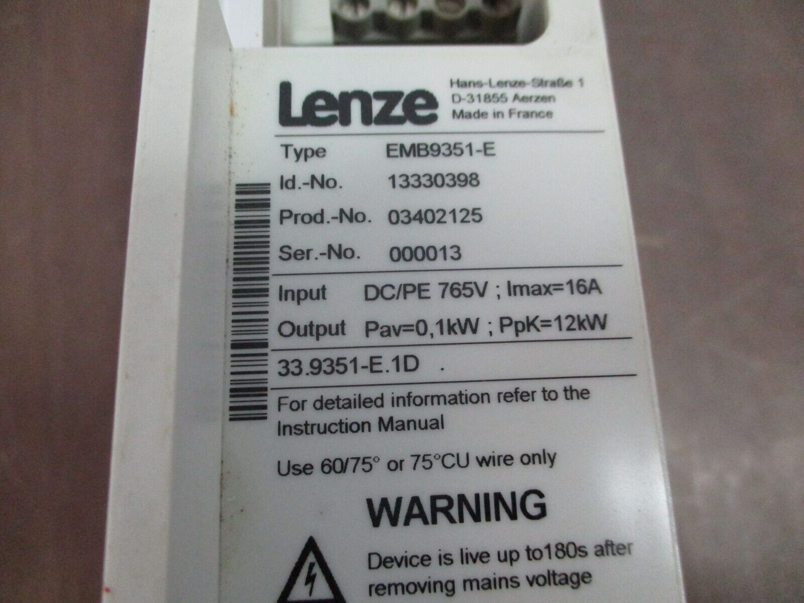 Lenze Braking Module EMB9351-E *Missing Terminal Cover* Used