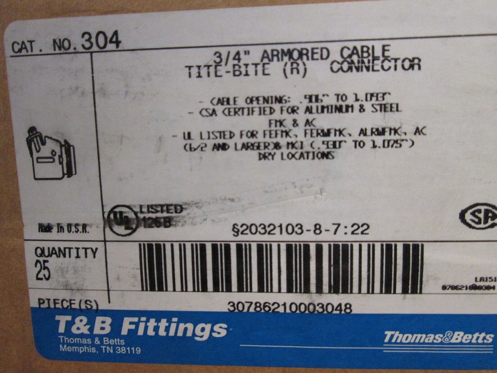 Thomas & Betts Armored Cable Connector 304 Size 3/4" *Box of 25* New Surplus