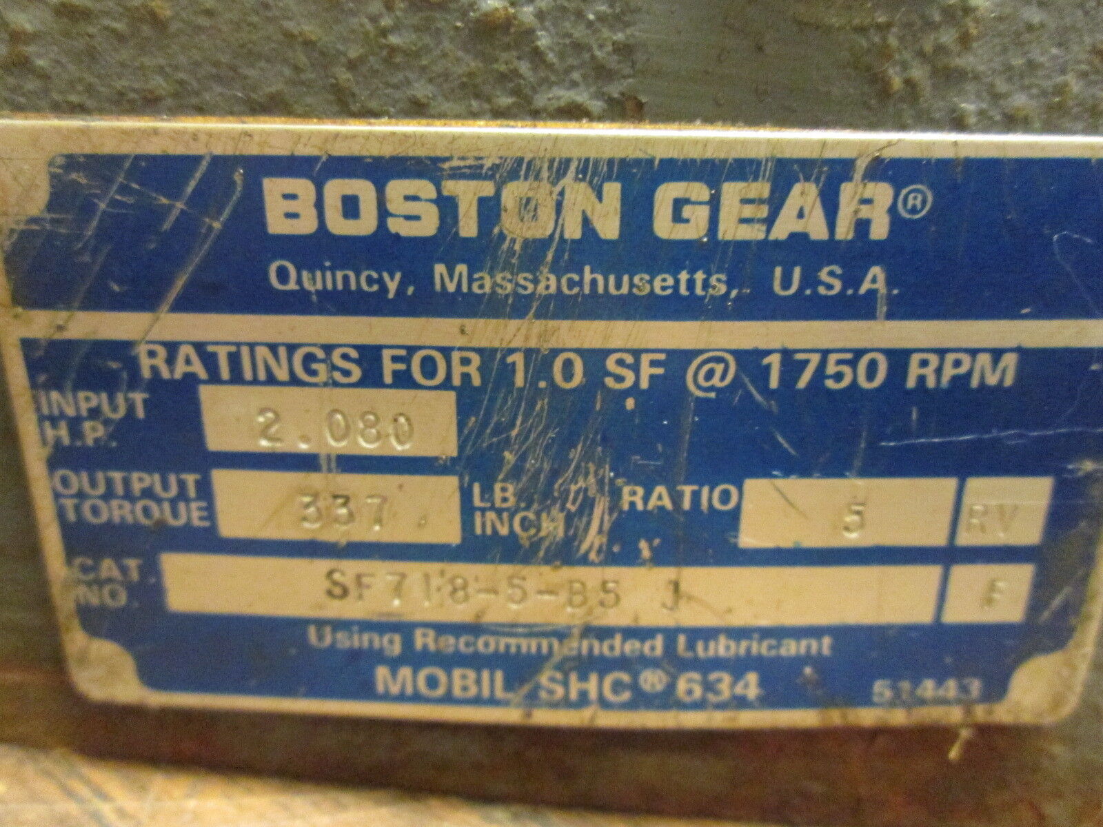 Boston Gear Reducer SF718-3-B5 J Ratio 5:1 2.080 HP In 337 Lb/In Torque Out Used