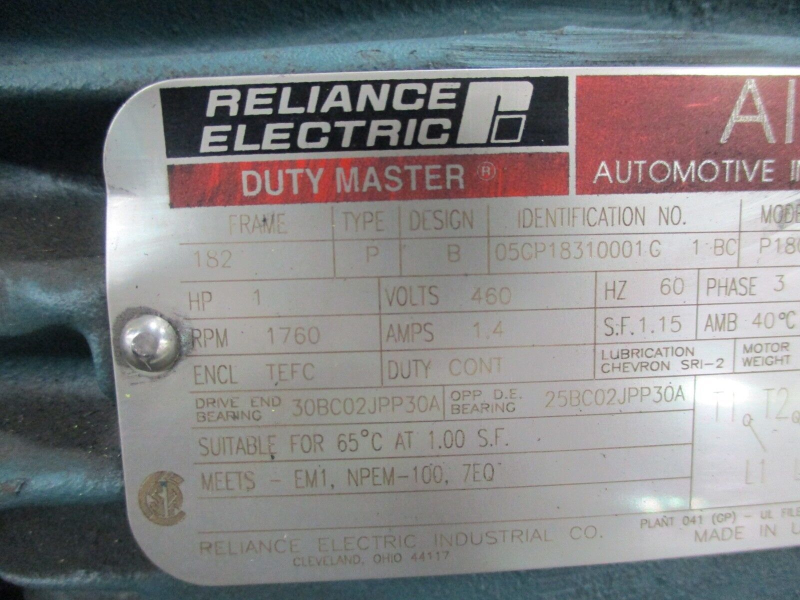 Reliance AI Duty Master AC Motor P18G3100F 1HP 1800RPM 460V 1.4A 3Ph New Surplus