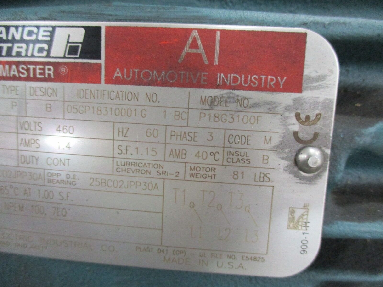 Reliance AI Duty Master AC Motor P18G3100F 1HP 1800RPM 460V 1.4A 3Ph New Surplus