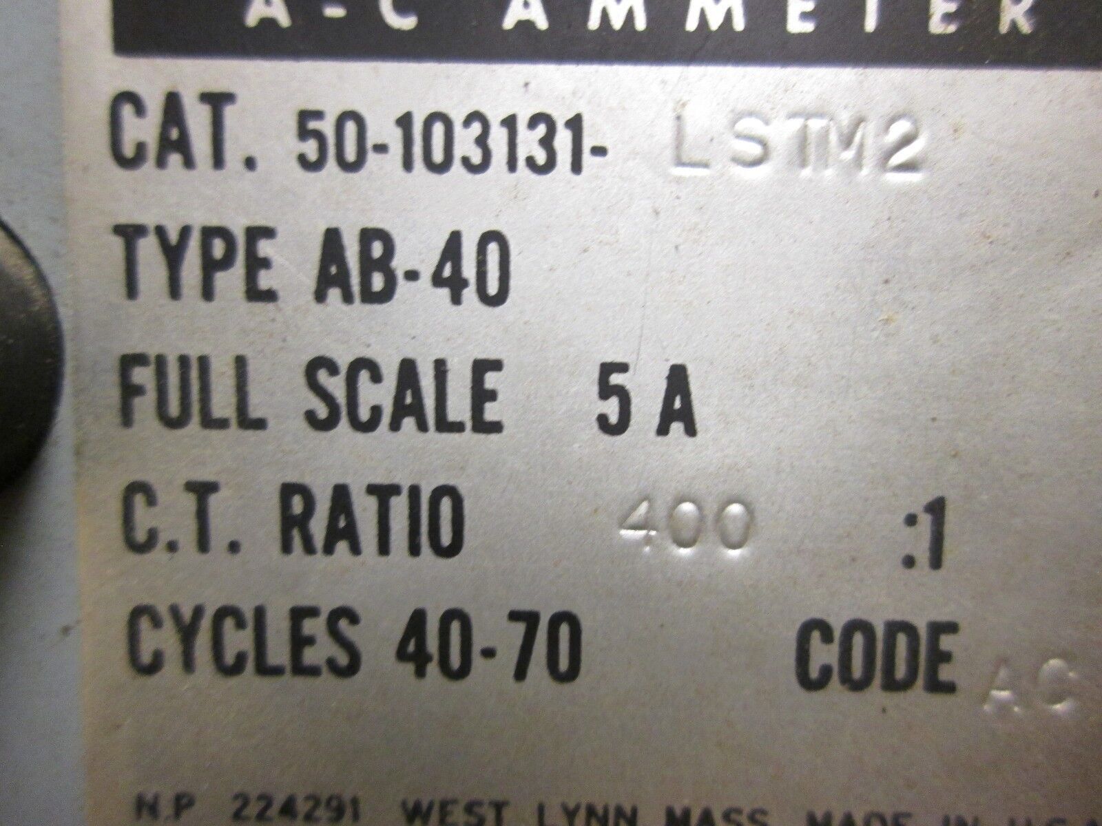 GE Type AB-40 AC Ammeter 50-103131-LSTM2 Range: 0-2000A CT Ratio: 400:1 Used