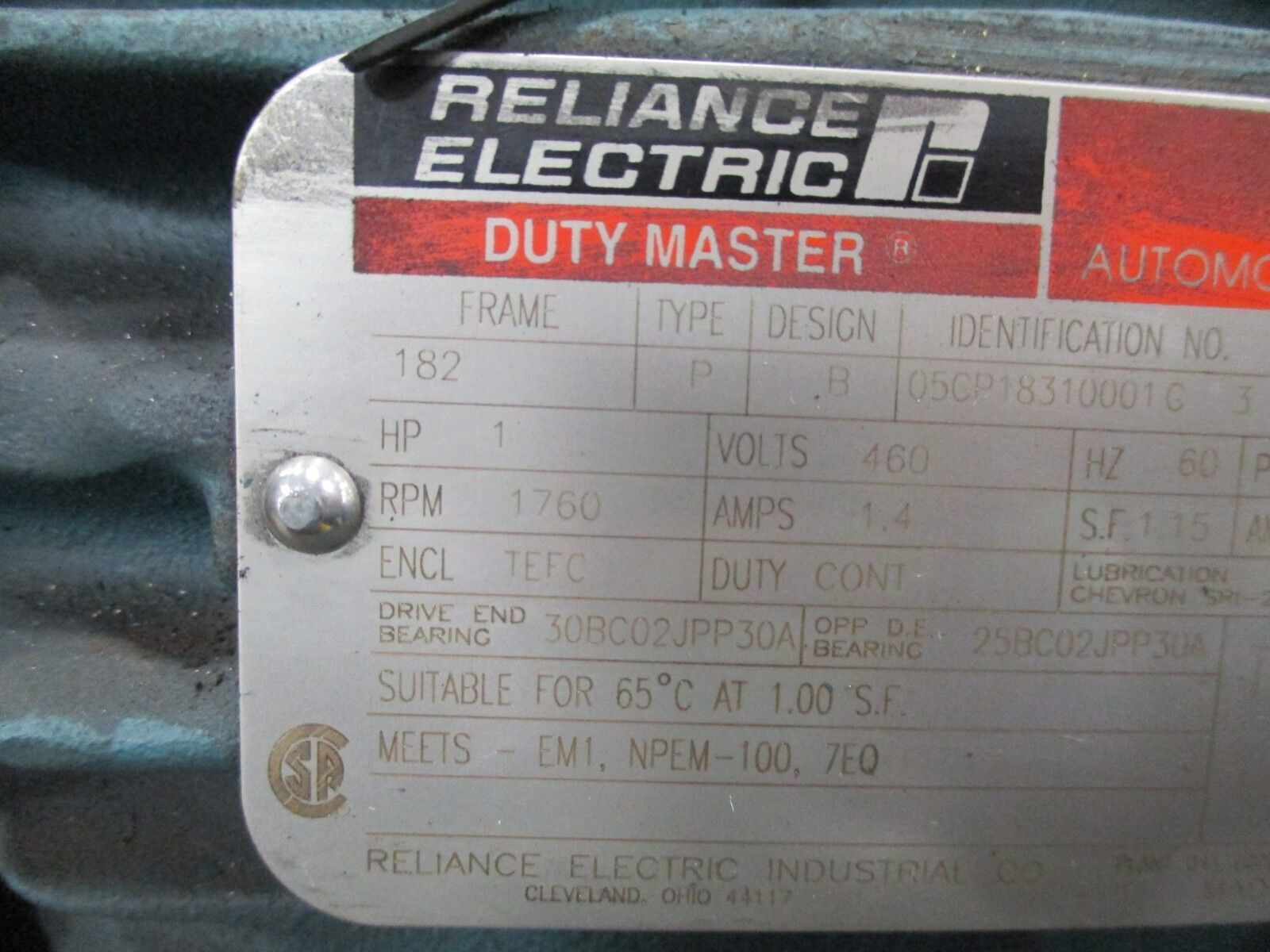 Reliance AI Duty Master AC Motor P18G3100F 1HP 1800RPM 460V 3Ph 1.4A New Surplus